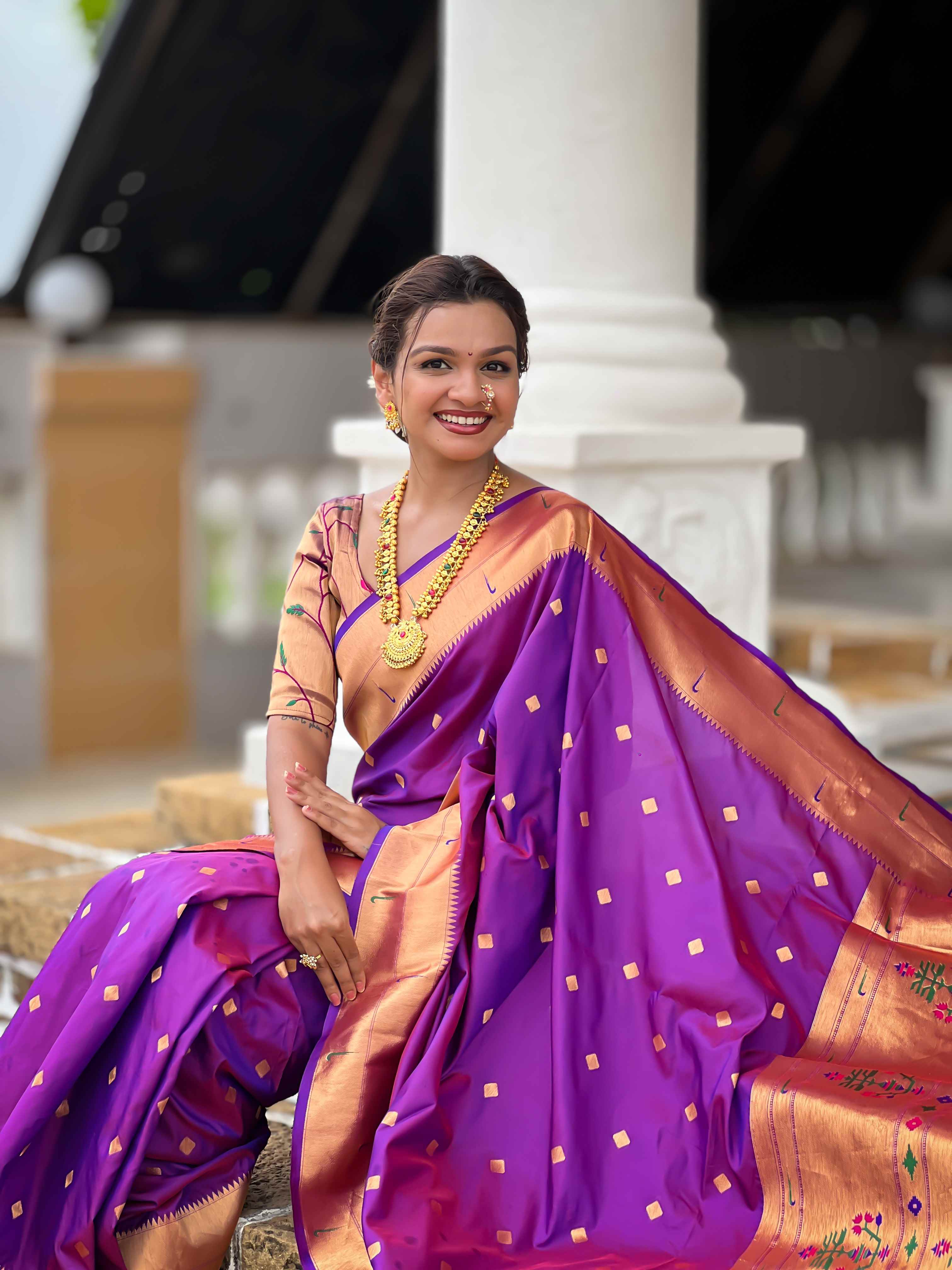Purple Paithani Silk Saree with Zari Weaving, Meenakari Pallu & Double Munia Border