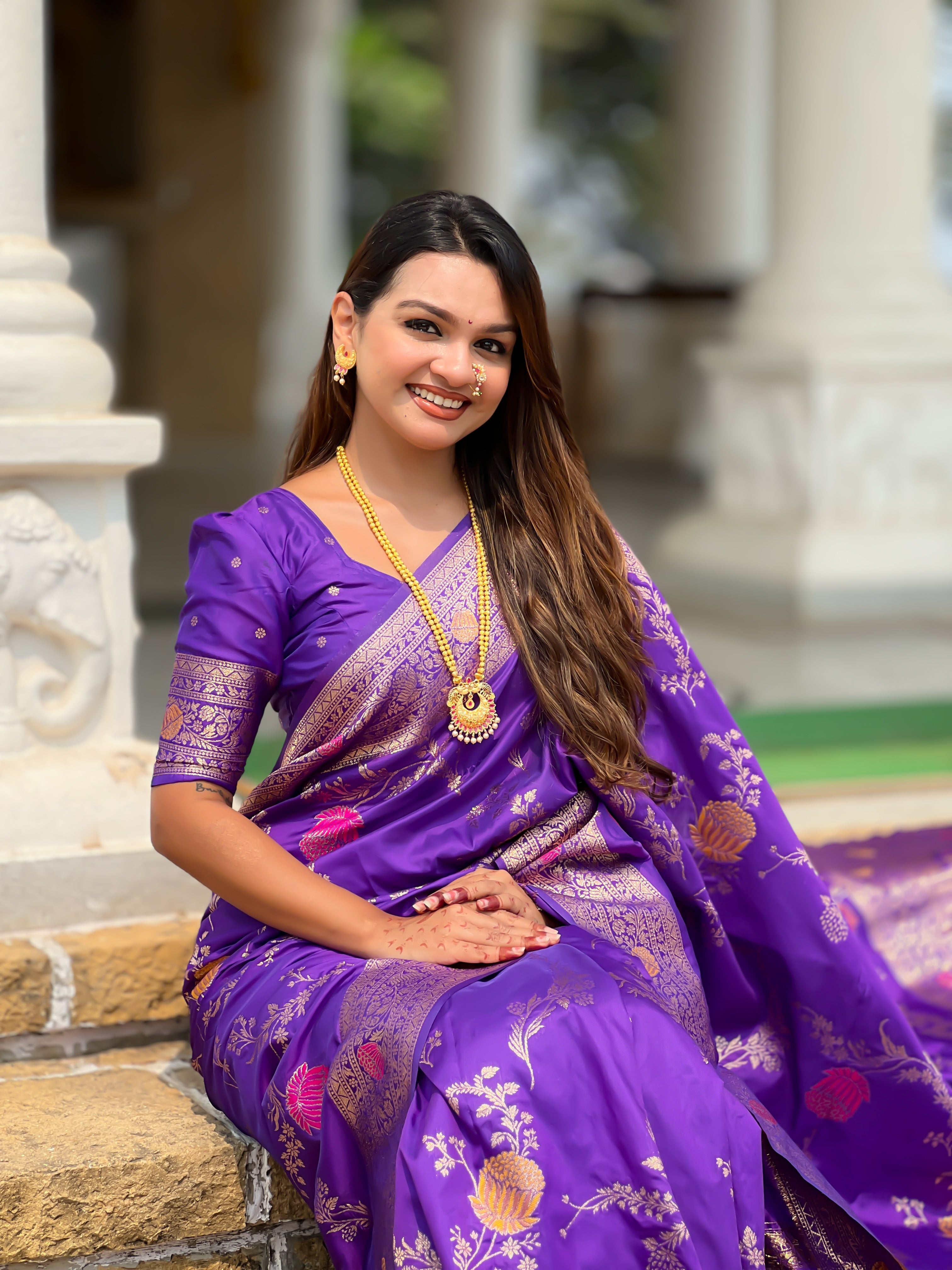 Purple Designer Banarasi Silk Saree for Women –  Woven Floral Saree with Blouse