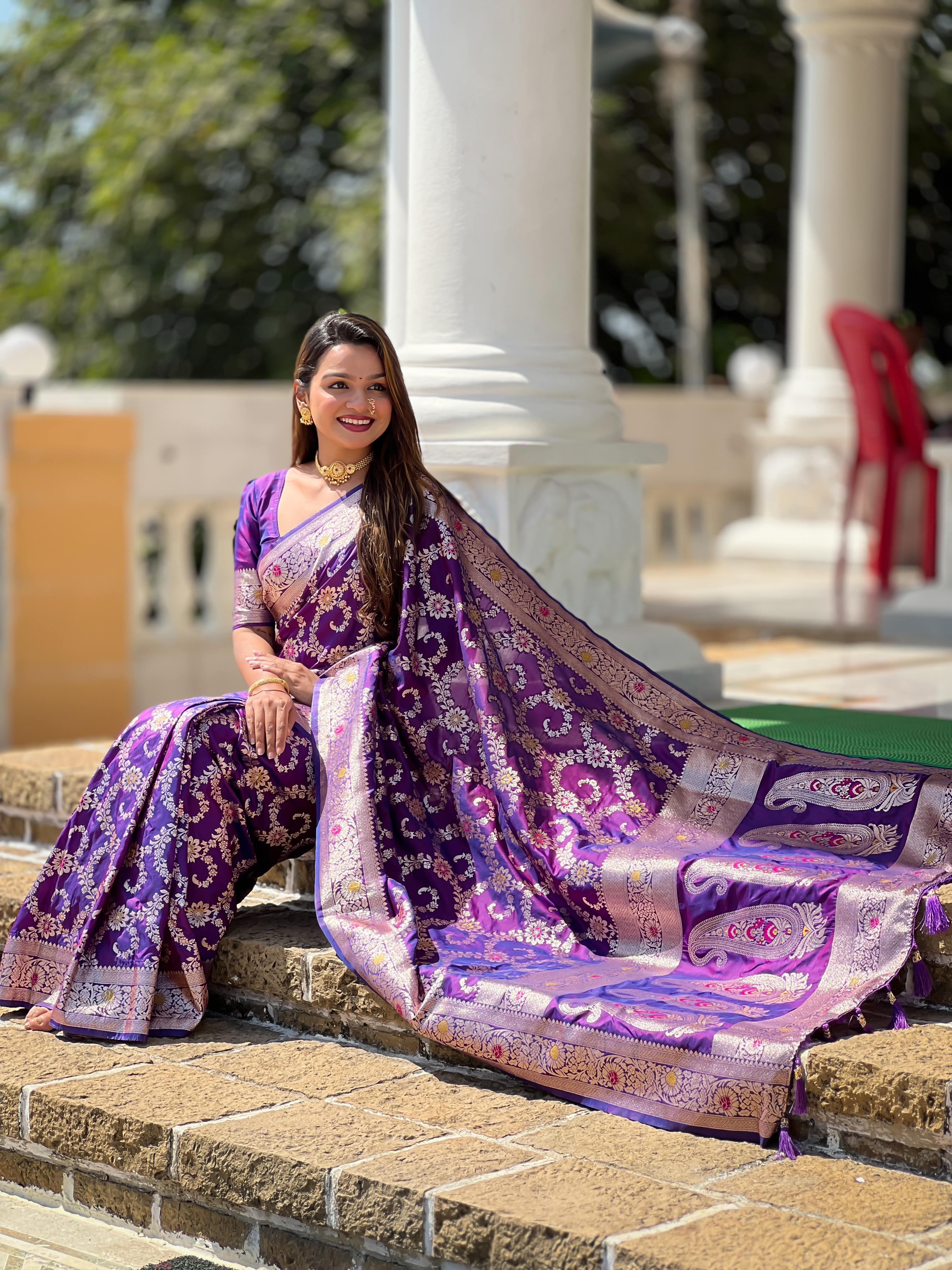 Purple Varni Fabrics Women Geometric Banarasi Silk Tassels and Latkans Saree comes With Matching Blouse