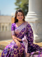 Purple Varni Fabrics Women Geometric Banarasi Silk Tassels and Latkans Saree comes With Matching Blouse