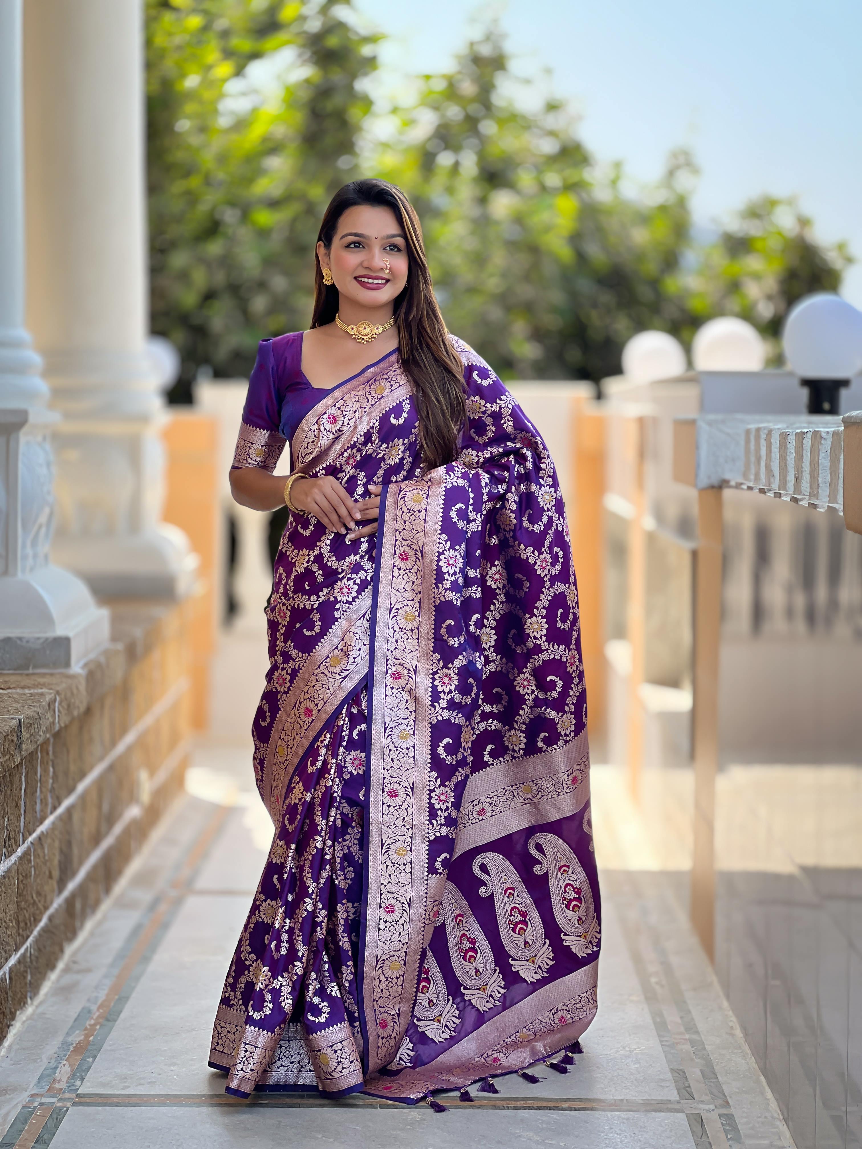 Purple Varni Fabrics Women Geometric Banarasi Silk Tassels and Latkans Saree comes With Matching Blouse
