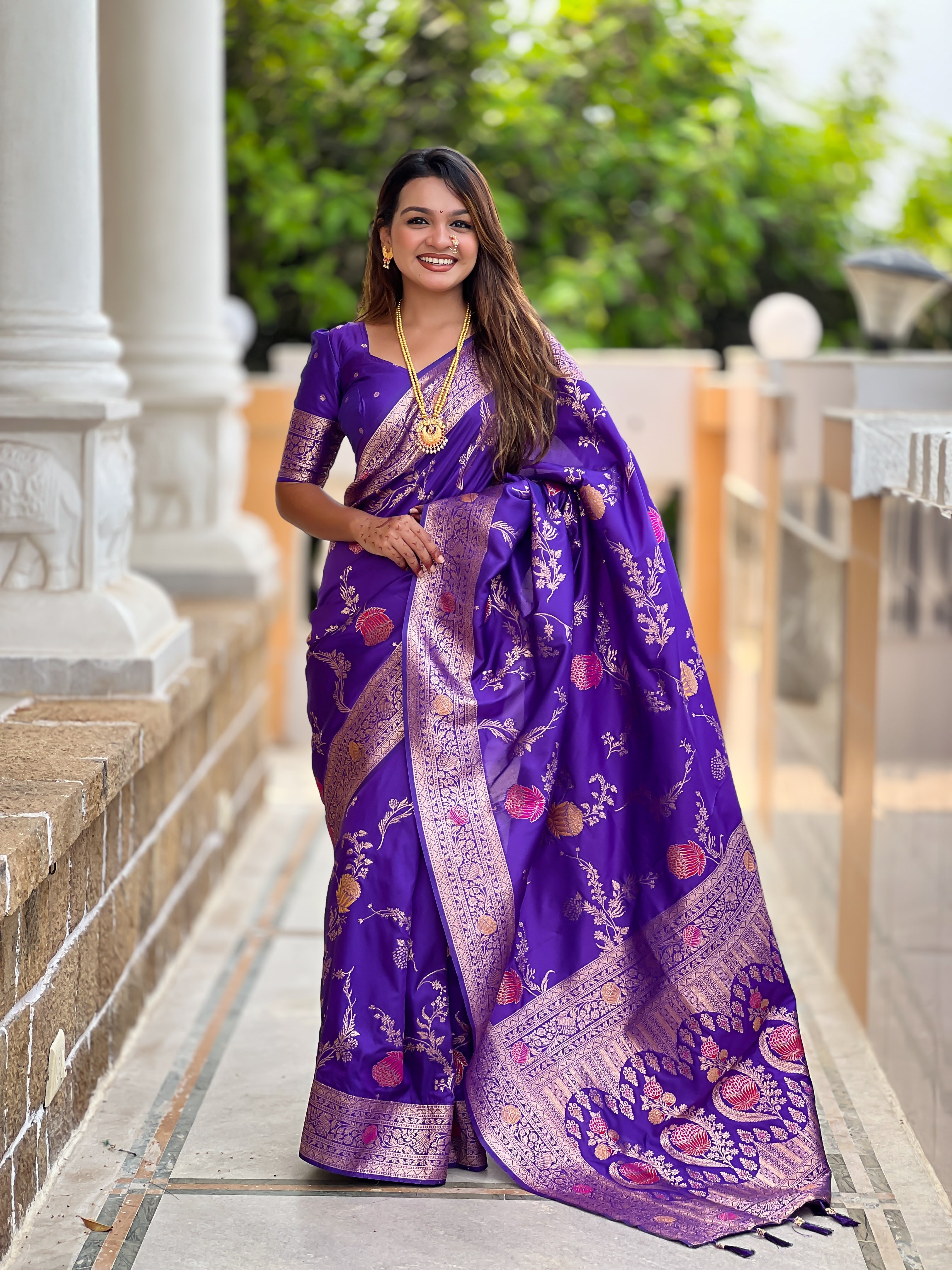 Purple Designer Banarasi Silk Saree for Women –  Woven Floral Saree with Blouse