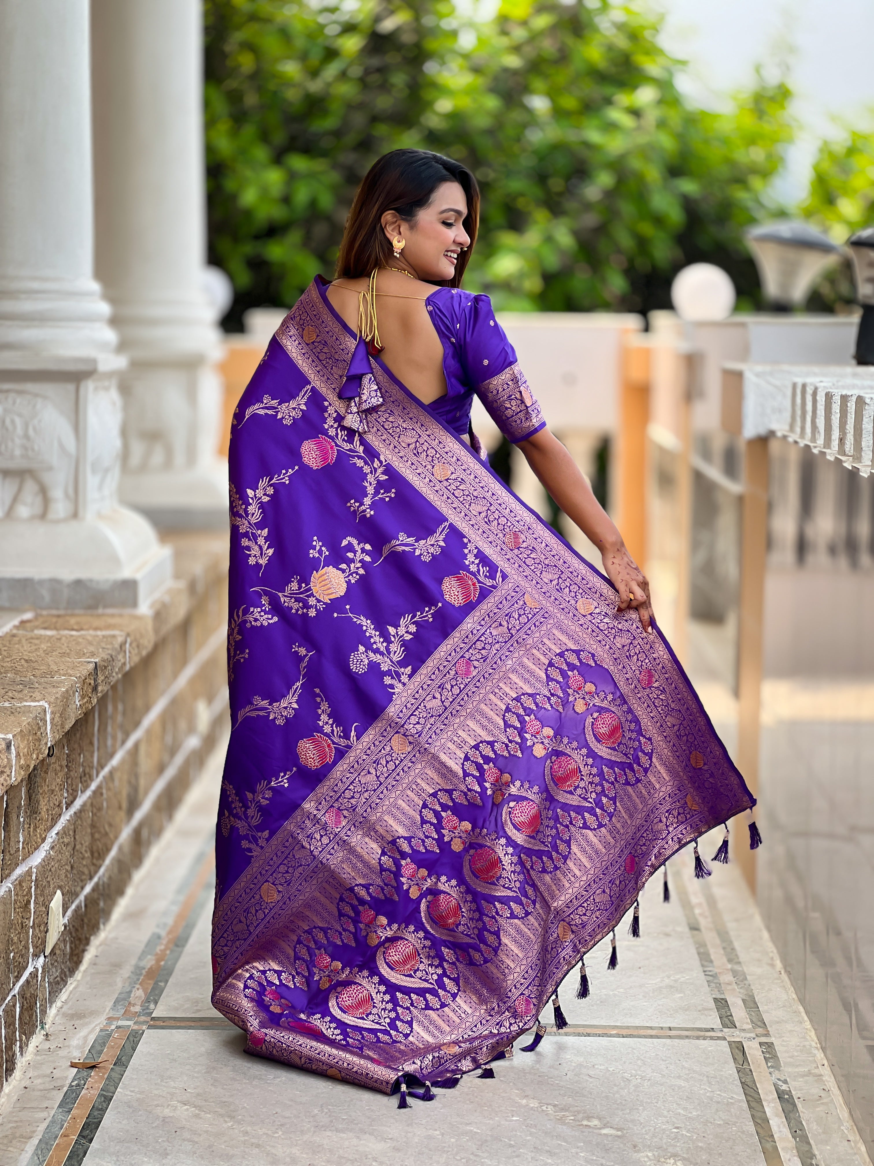 Purple Designer Banarasi Silk Saree for Women –  Woven Floral Saree with Blouse