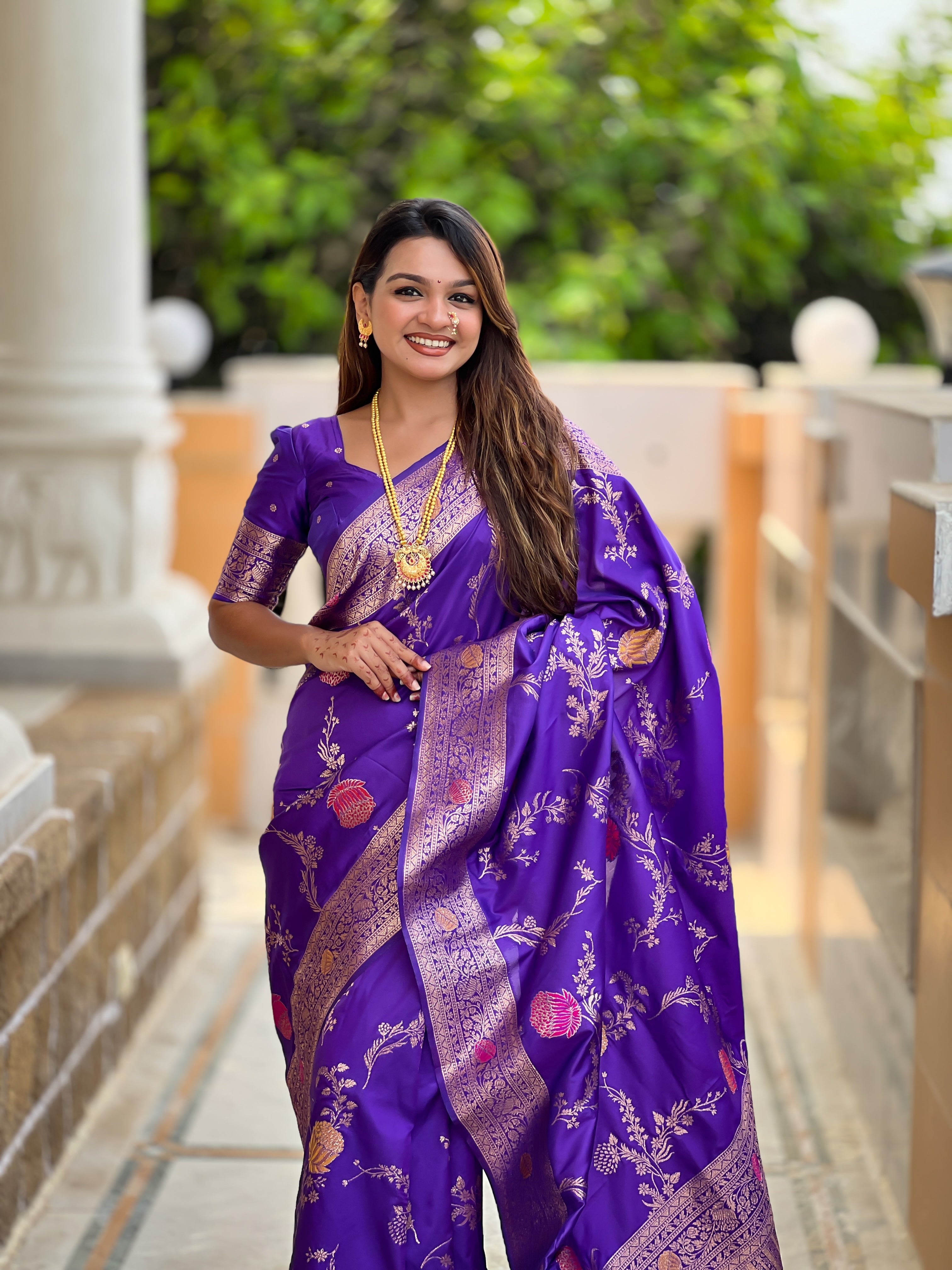 Purple Designer Banarasi Silk Saree for Women –  Woven Floral Saree with Blouse