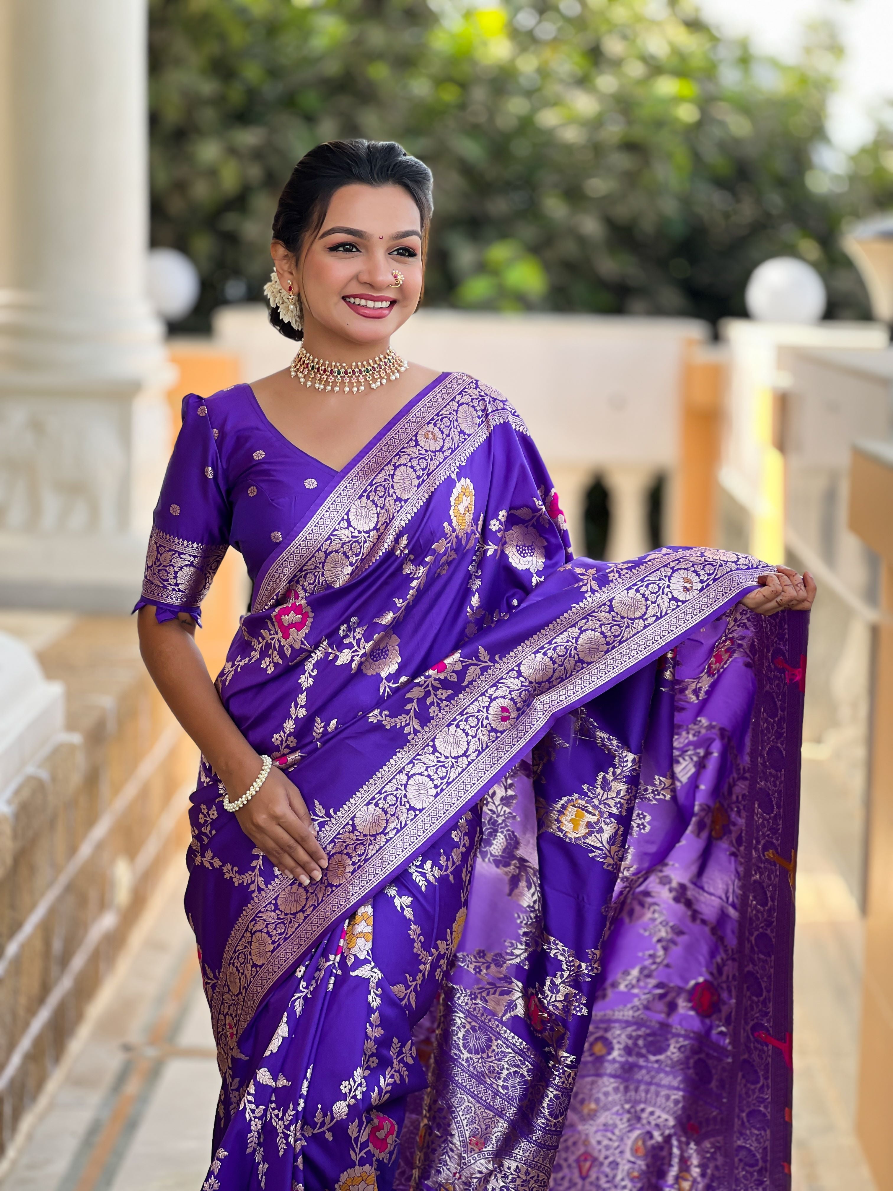 Purple Varni Fabrics Women Floral Banarasi Silk Woven Saree comes With Matching Blouse