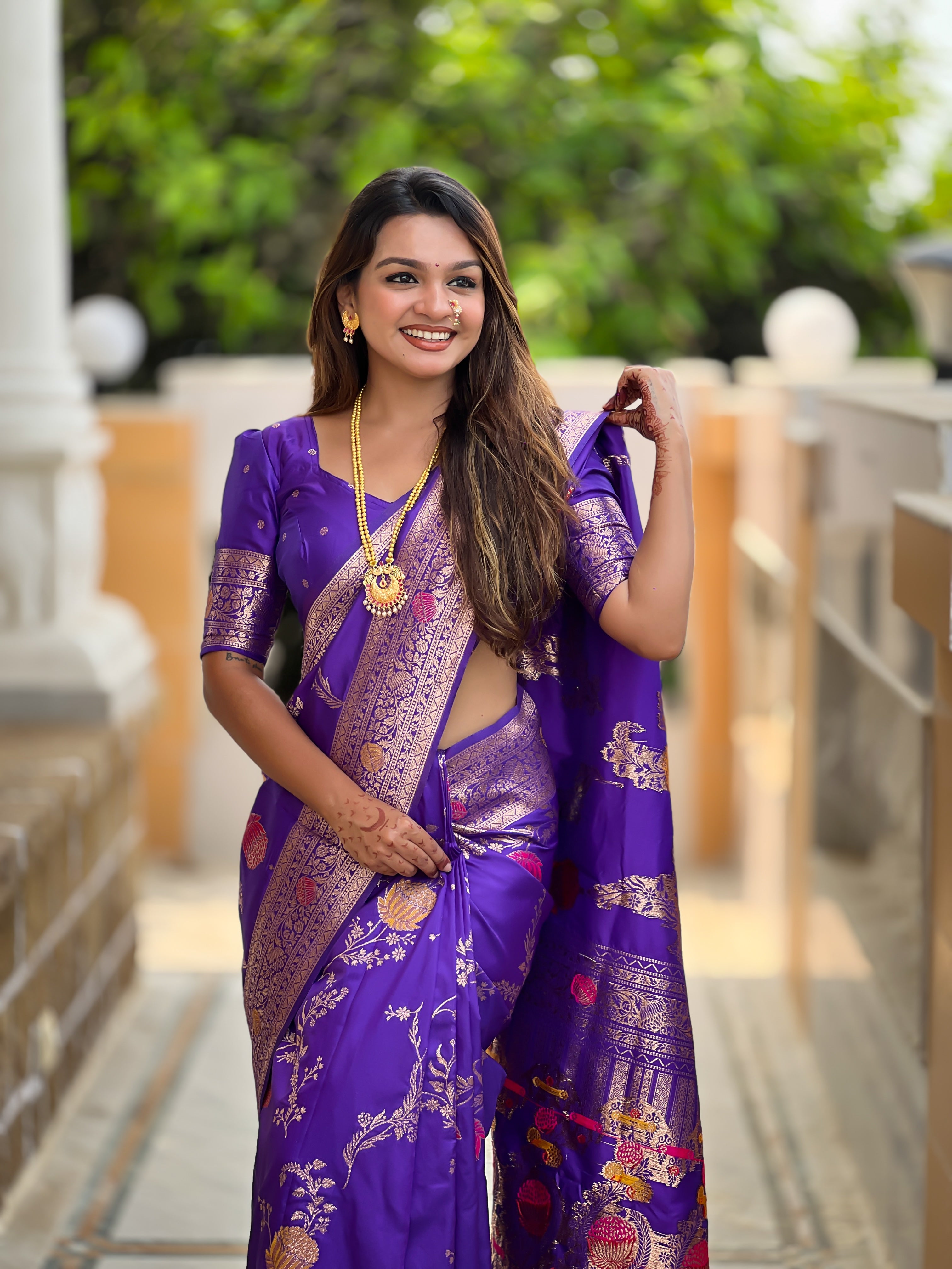 Purple Designer Banarasi Silk Saree for Women –  Woven Floral Saree with Blouse