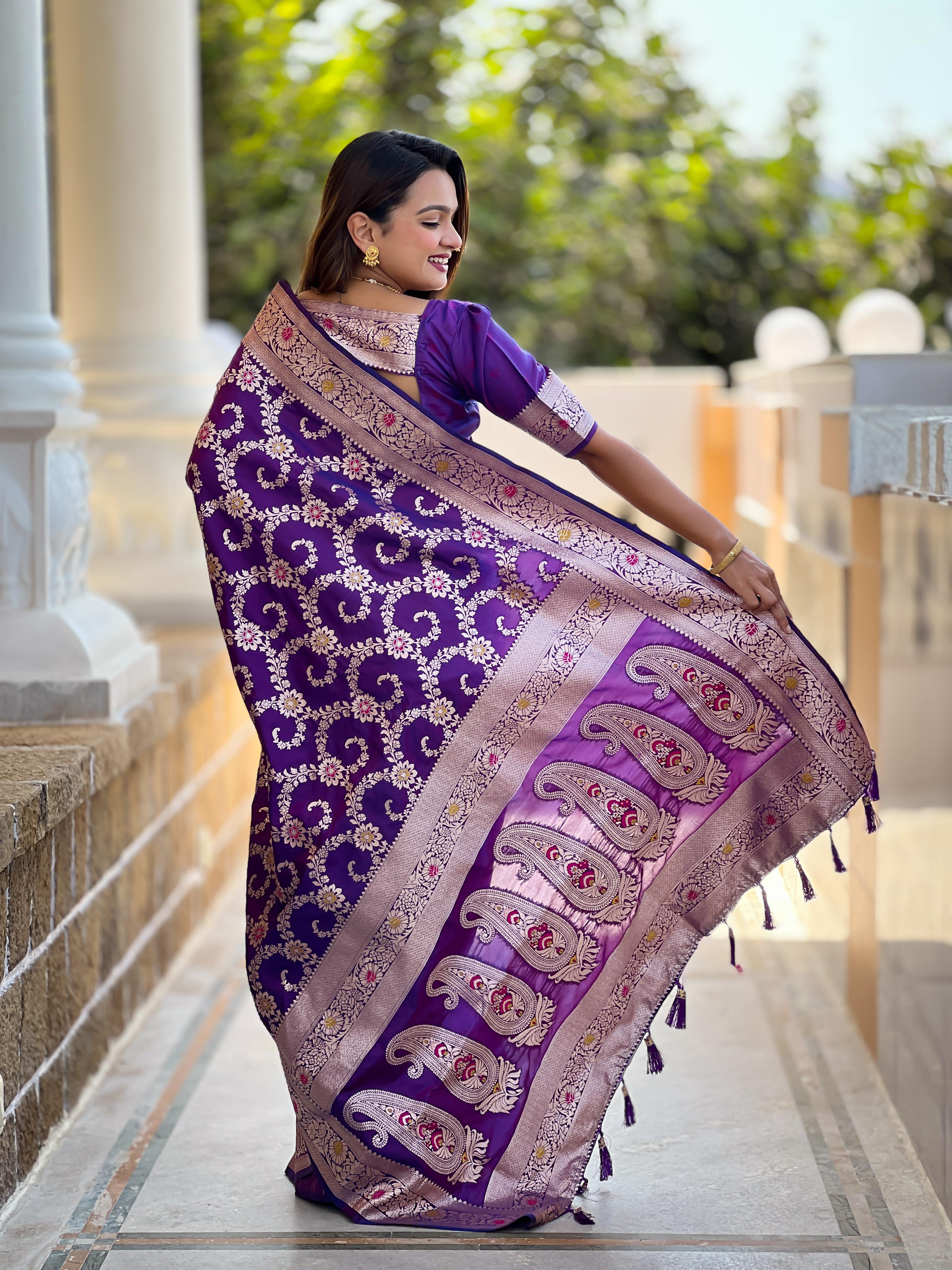 Purple Varni Fabrics Women Geometric Banarasi Silk Tassels and Latkans Saree comes With Matching Blouse