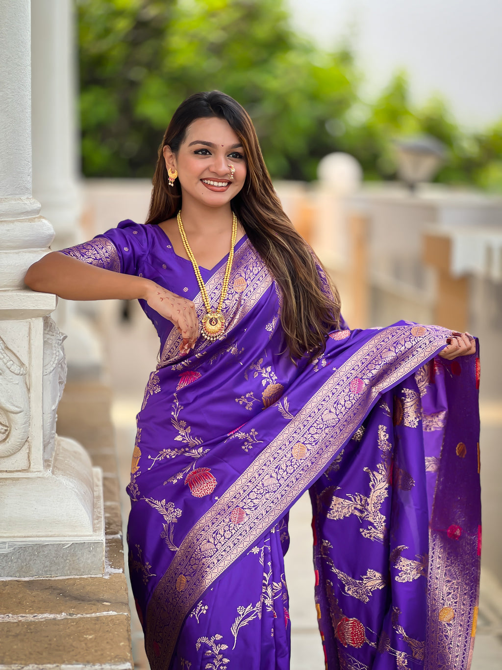 Purple Designer Banarasi Silk Saree for Women –  Woven Floral Saree with Blouse
