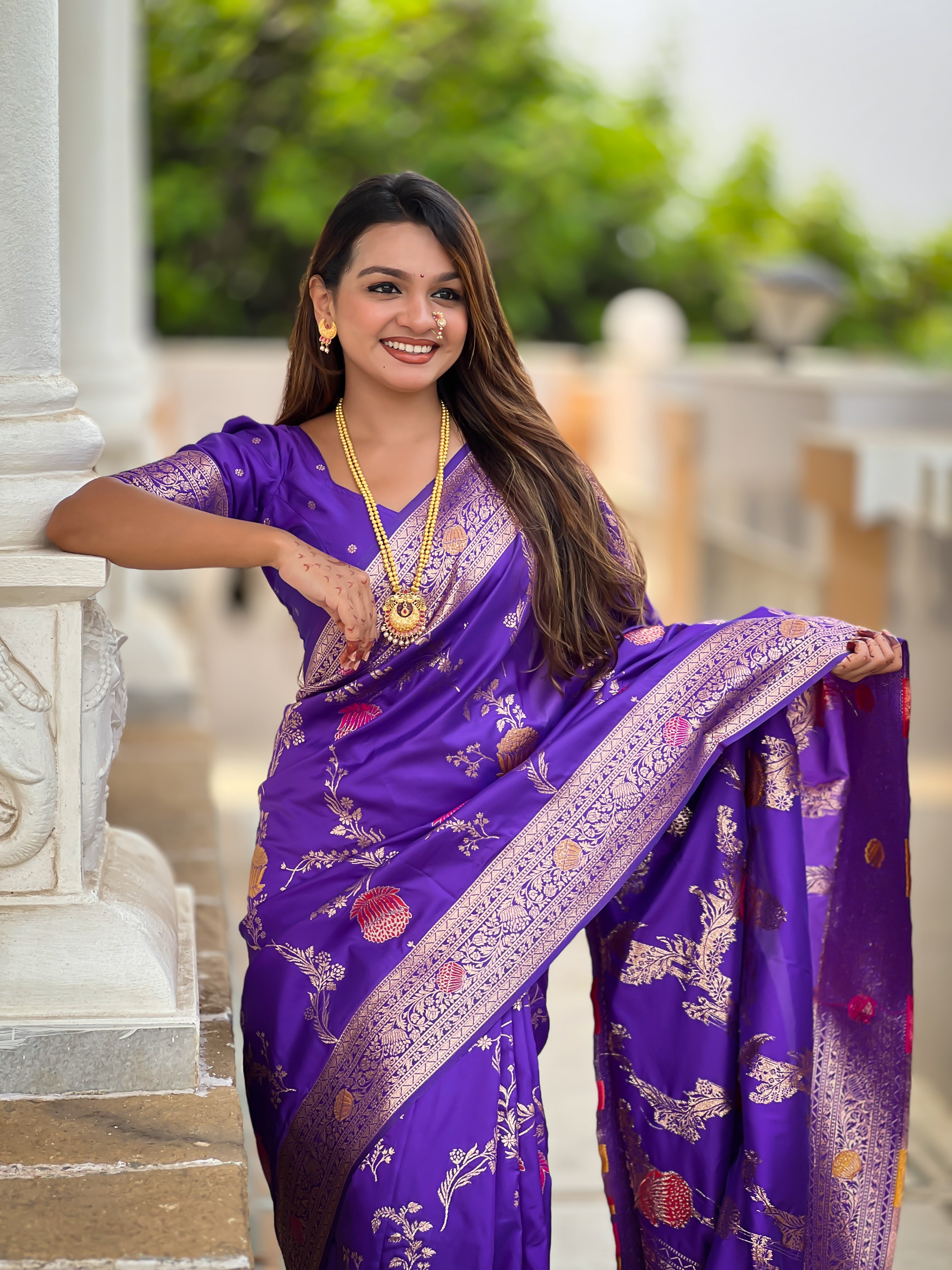 Purple Designer Banarasi Silk Saree for Women –  Woven Floral Saree with Blouse