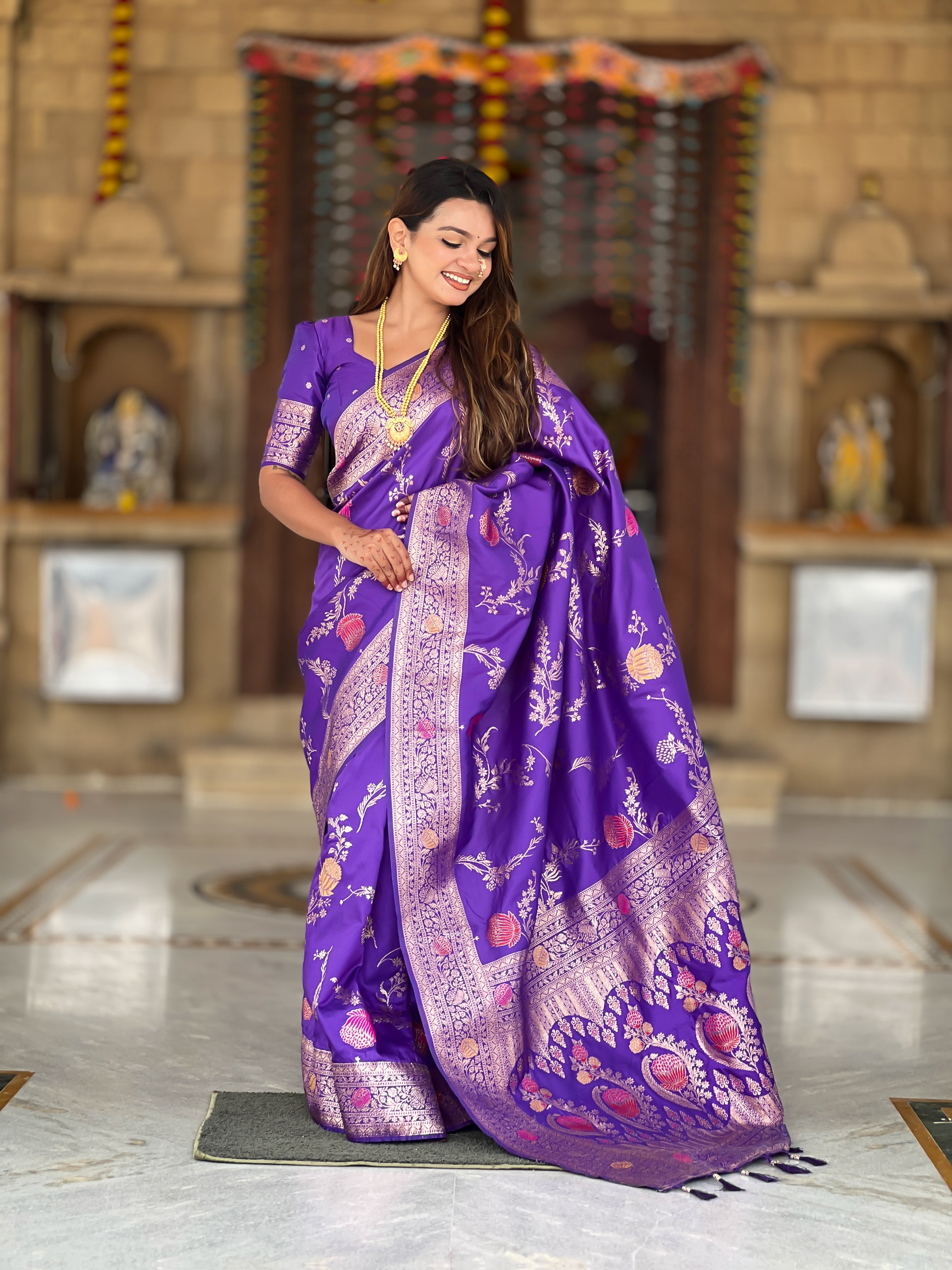 Purple Designer Banarasi Silk Saree for Women –  Woven Floral Saree with Blouse