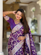 Purple Varni Fabrics Women Geometric Banarasi Silk Tassels and Latkans Saree comes With Matching Blouse