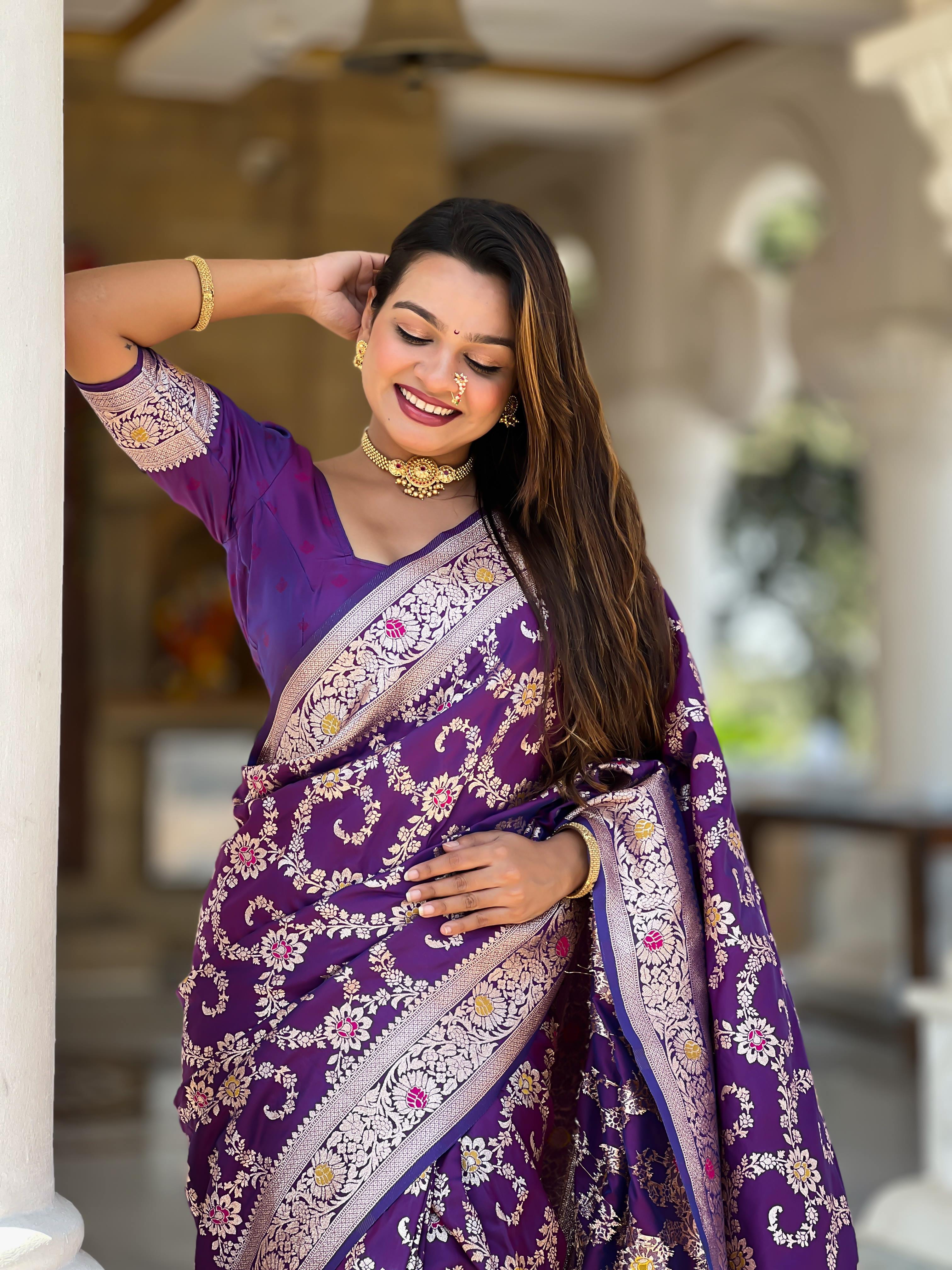 Purple Varni Fabrics Women Geometric Banarasi Silk Tassels and Latkans Saree comes With Matching Blouse