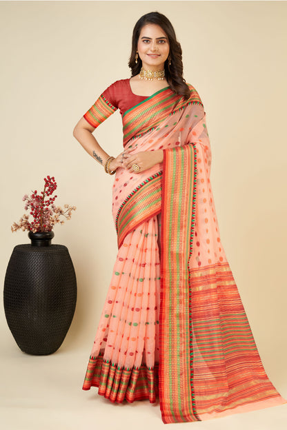 Soft Silk Peach Saree with Contrast Zari Border, Rich Pallu & Matching Blouse