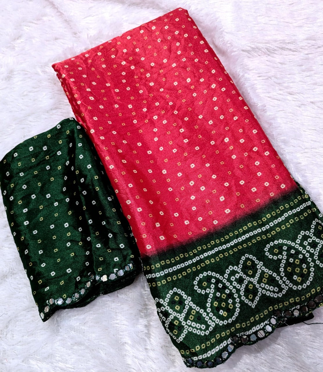 Designer Bandhani Pink Saree with Mirror Work Border & Running Blouse in Moss Silk