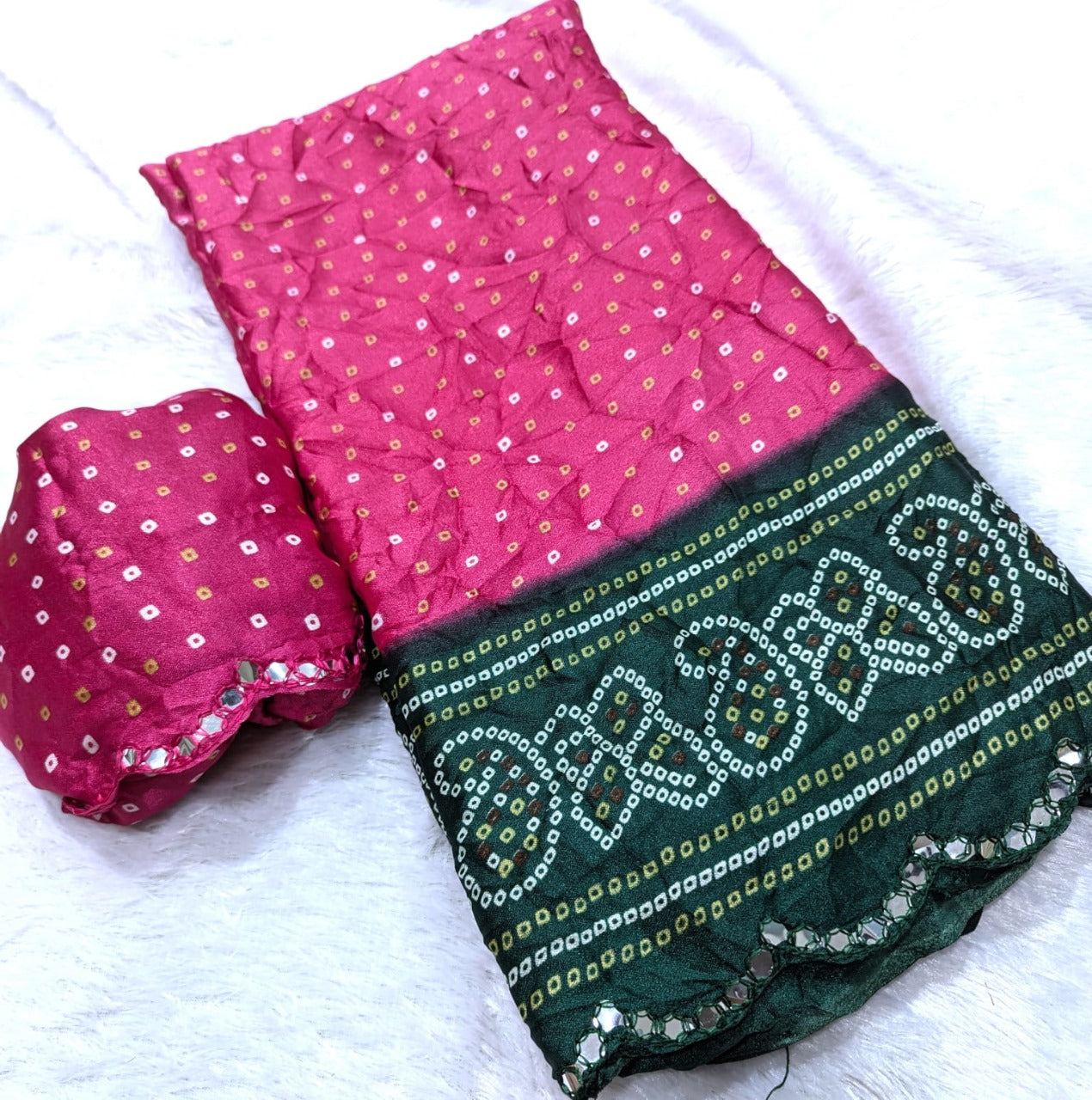 Designer Bandhani Pink & Green Saree with Mirror Work Border & Running Blouse in Moss Silk