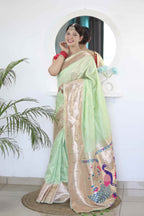 Pista Soft Paithani Silk Saree with Zari Motifs, Meenakari Rich Pallu & Contrast Blouse