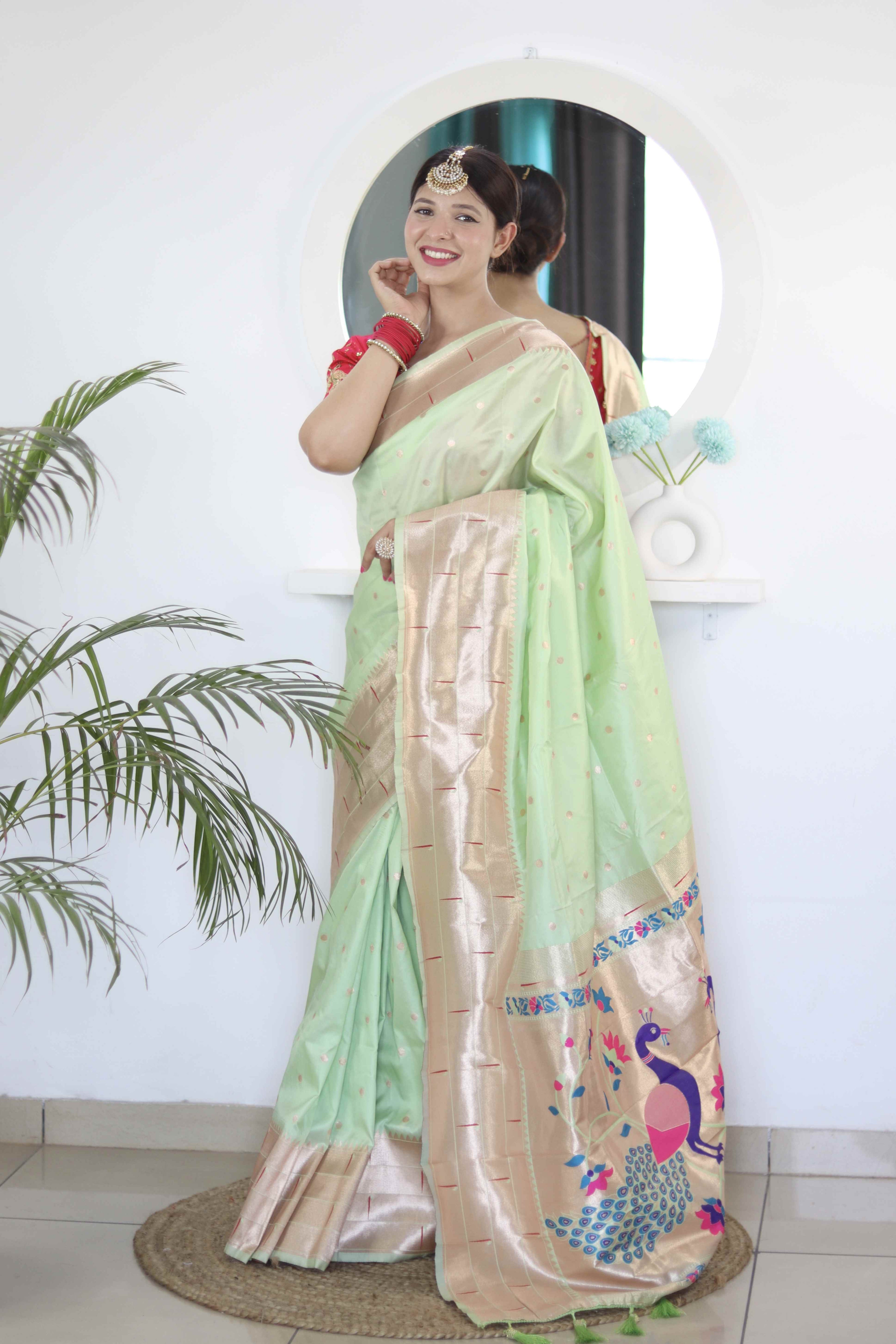 Pista Soft Paithani Silk Saree with Zari Motifs, Meenakari Rich Pallu & Contrast Blouse