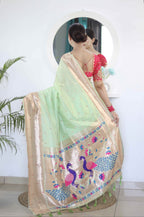 Pista Soft Paithani Silk Saree with Zari Motifs, Meenakari Rich Pallu & Contrast Blouse