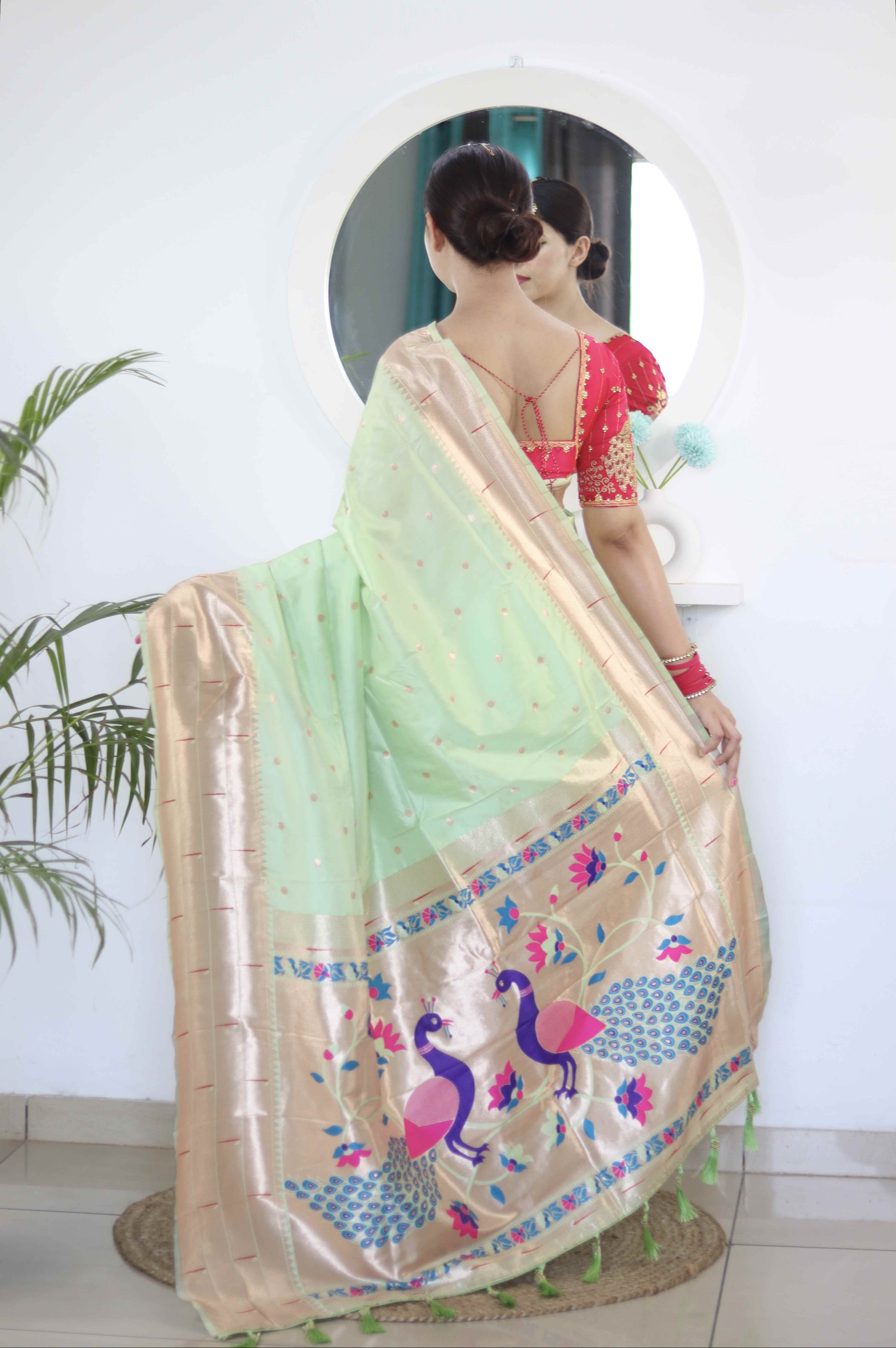 Pista Soft Paithani Silk Saree with Zari Motifs, Meenakari Rich Pallu & Contrast Blouse