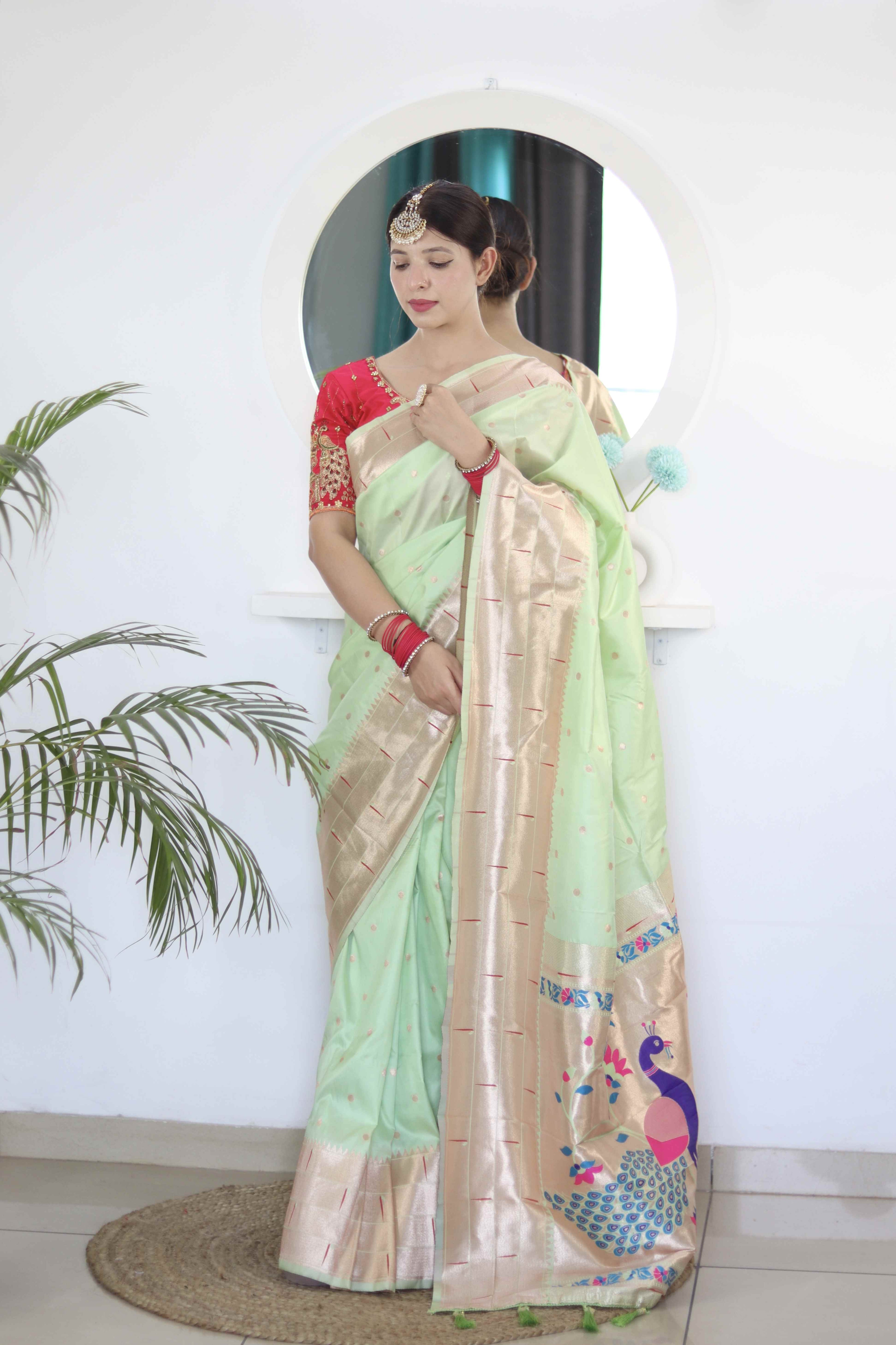 Pista Soft Paithani Silk Saree with Zari Motifs, Meenakari Rich Pallu & Contrast Blouse