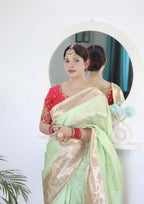 Pista Soft Paithani Silk Saree with Zari Motifs, Meenakari Rich Pallu & Contrast Blouse