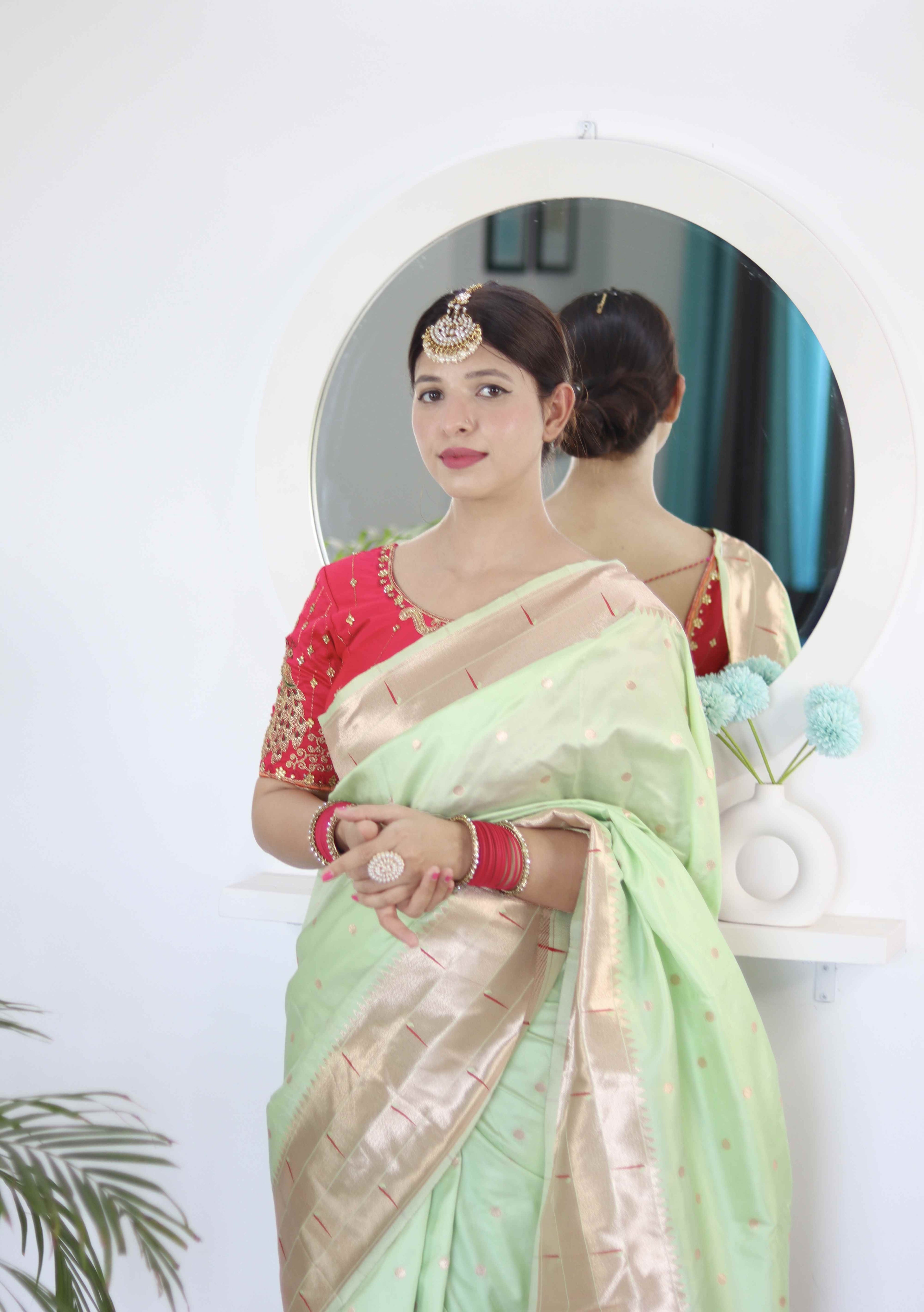 Pista Soft Paithani Silk Saree with Zari Motifs, Meenakari Rich Pallu & Contrast Blouse