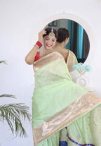 Pista Soft Paithani Silk Saree with Zari Motifs, Meenakari Rich Pallu & Contrast Blouse