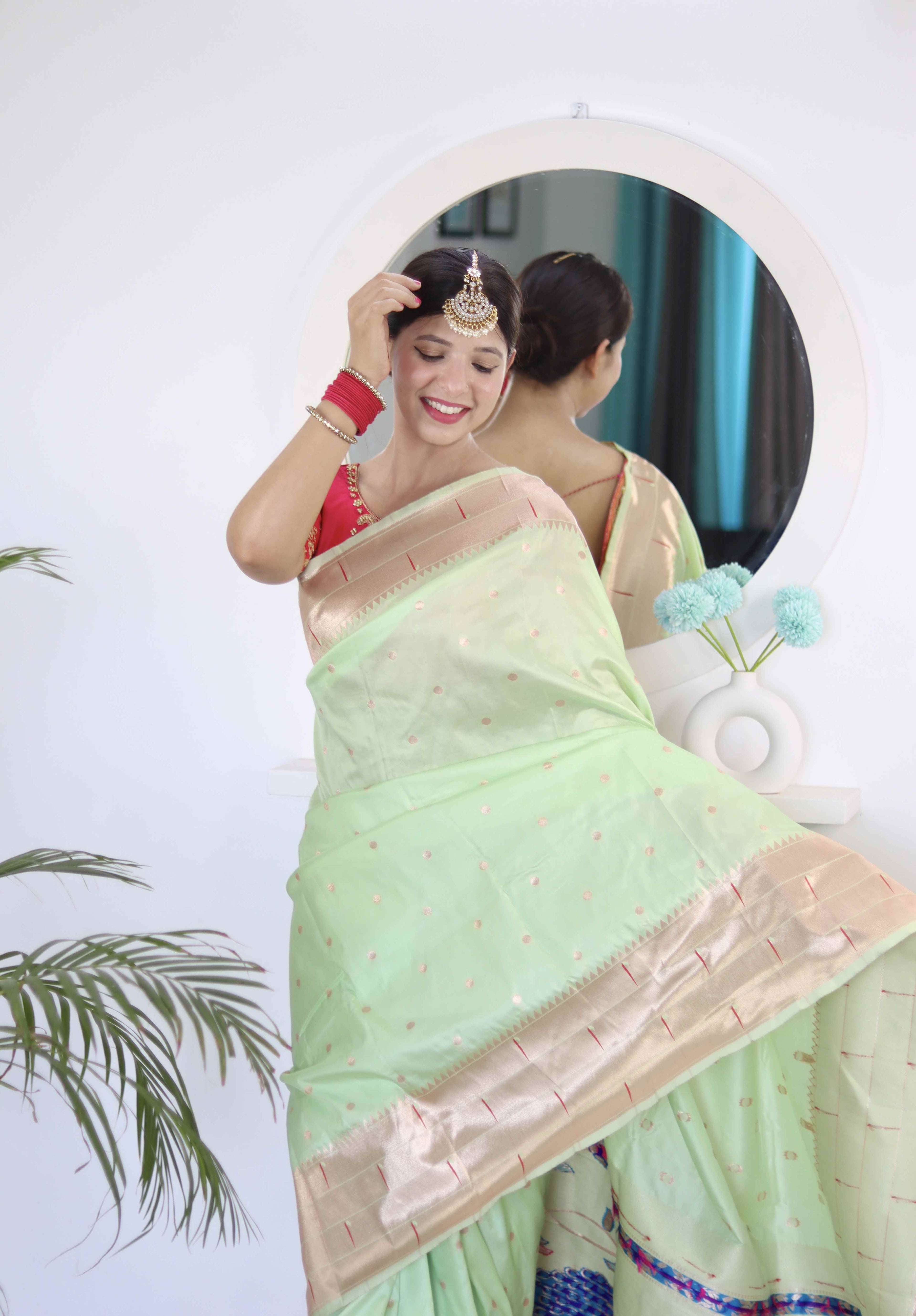 Pista Soft Paithani Silk Saree with Zari Motifs, Meenakari Rich Pallu & Contrast Blouse