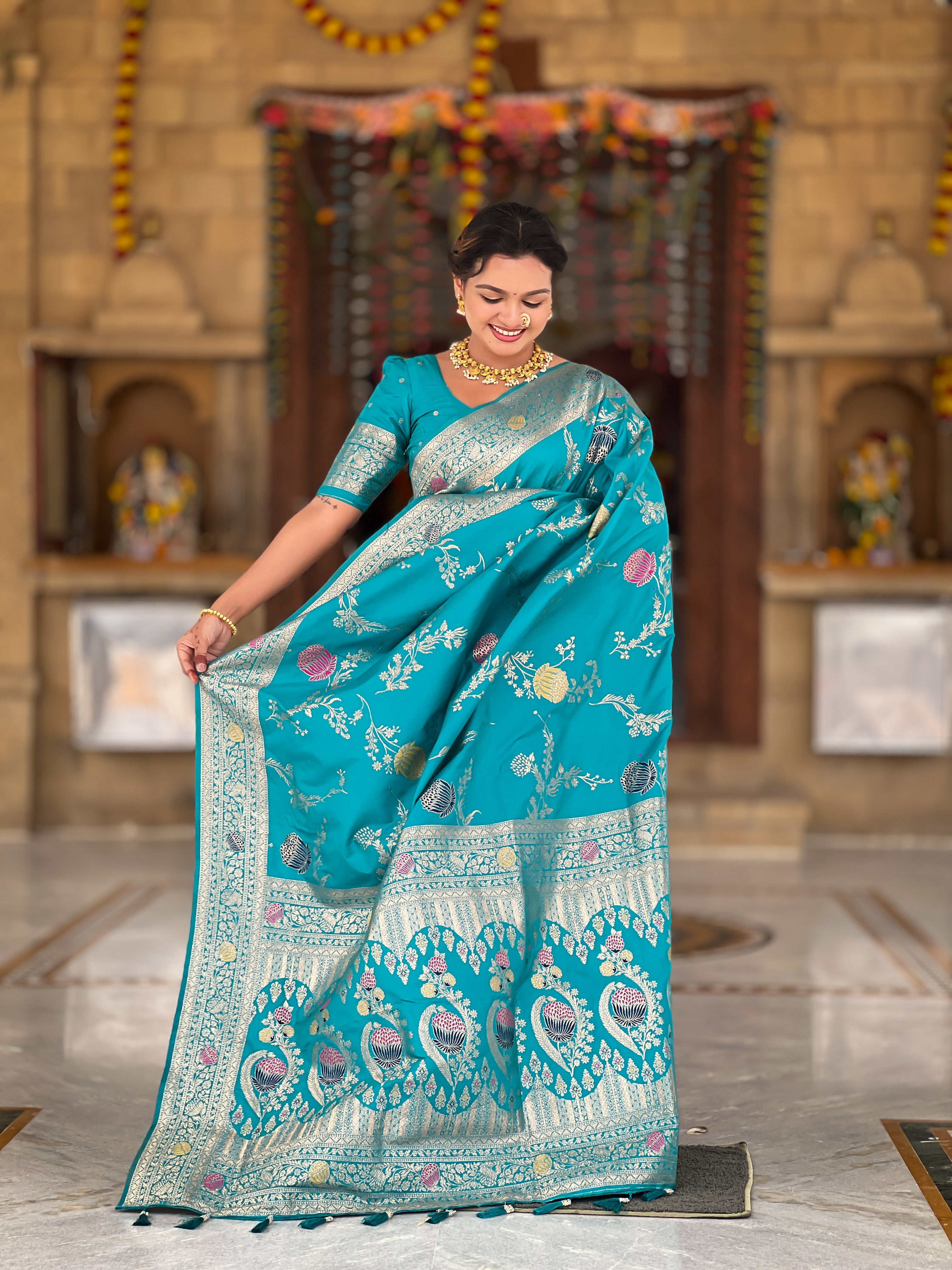 Rama Designer Banarasi Silk Saree for Women –  Woven Floral Saree with Blouse