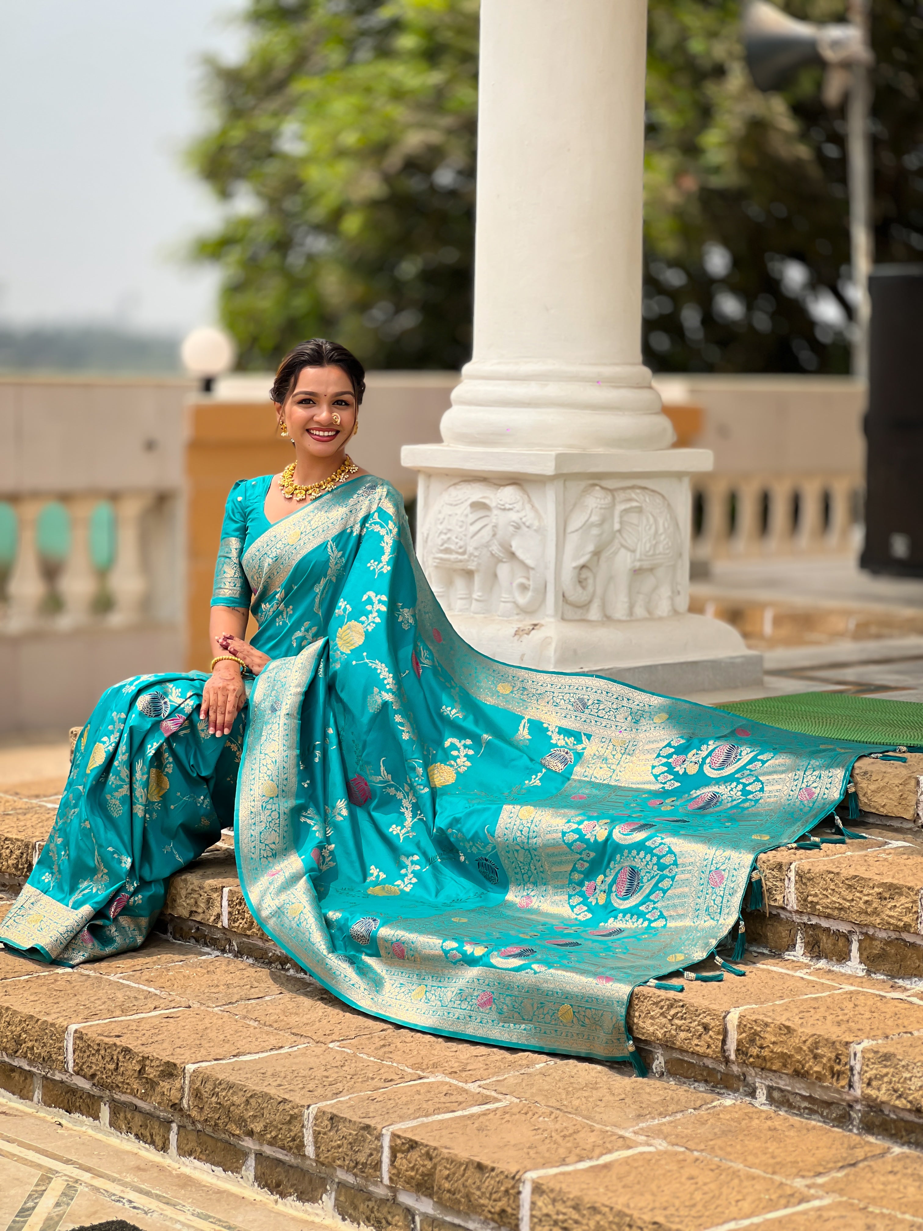 Rama Designer Banarasi Silk Saree for Women –  Woven Floral Saree with Blouse