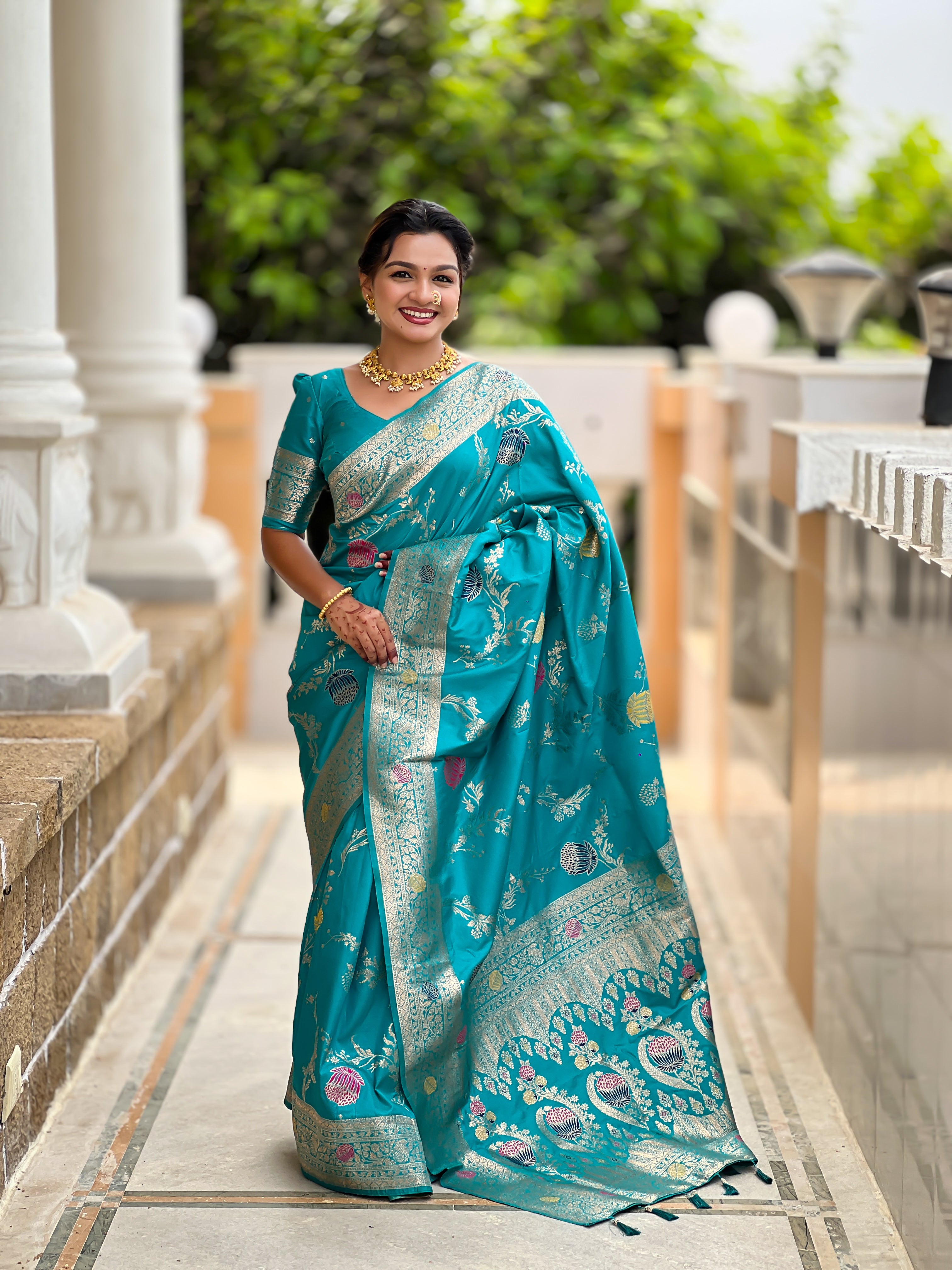 Rama Designer Banarasi Silk Saree for Women –  Woven Floral Saree with Blouse