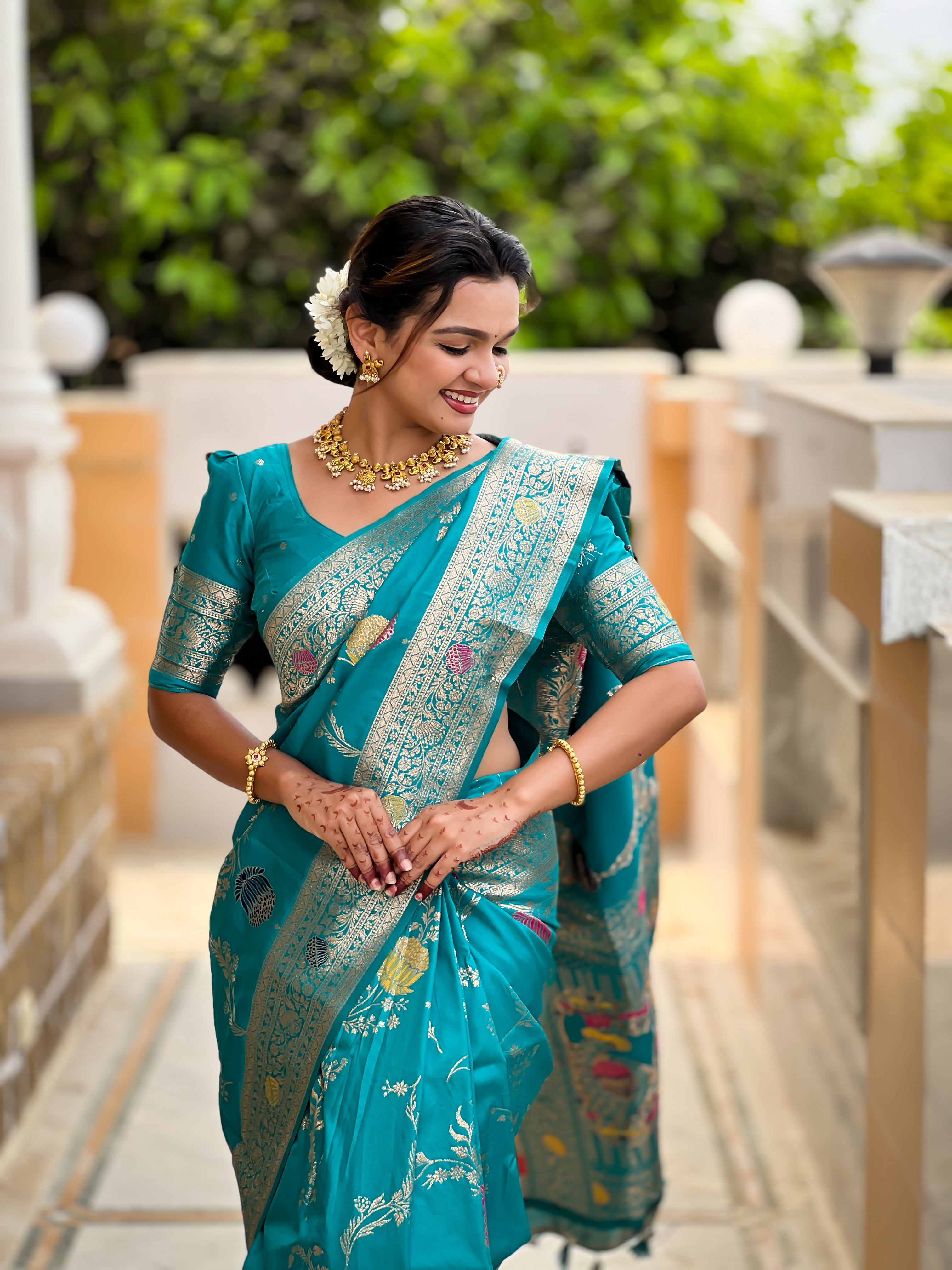 Rama Designer Banarasi Silk Saree for Women –  Woven Floral Saree with Blouse