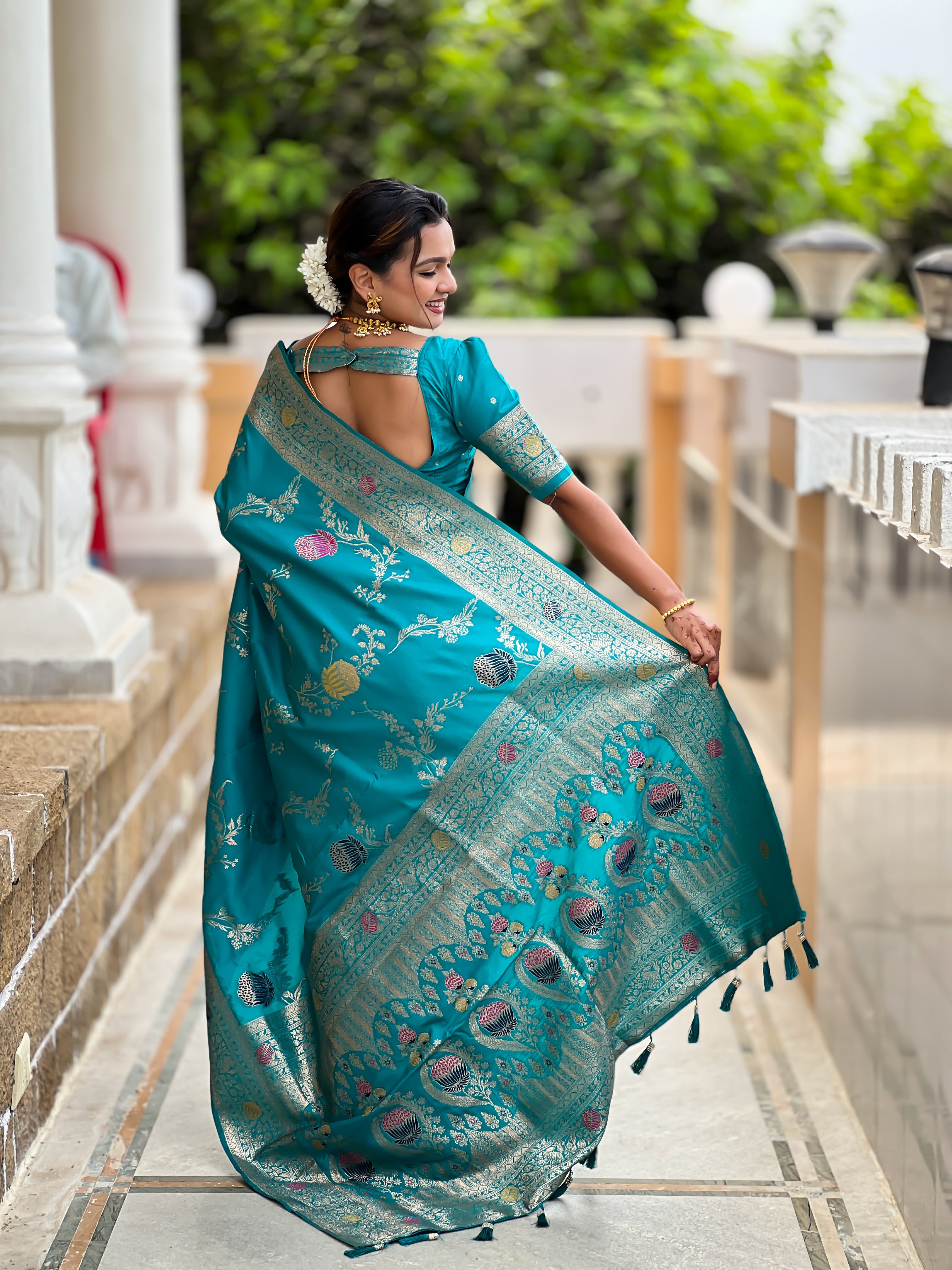 Rama Designer Banarasi Silk Saree for Women –  Woven Floral Saree with Blouse