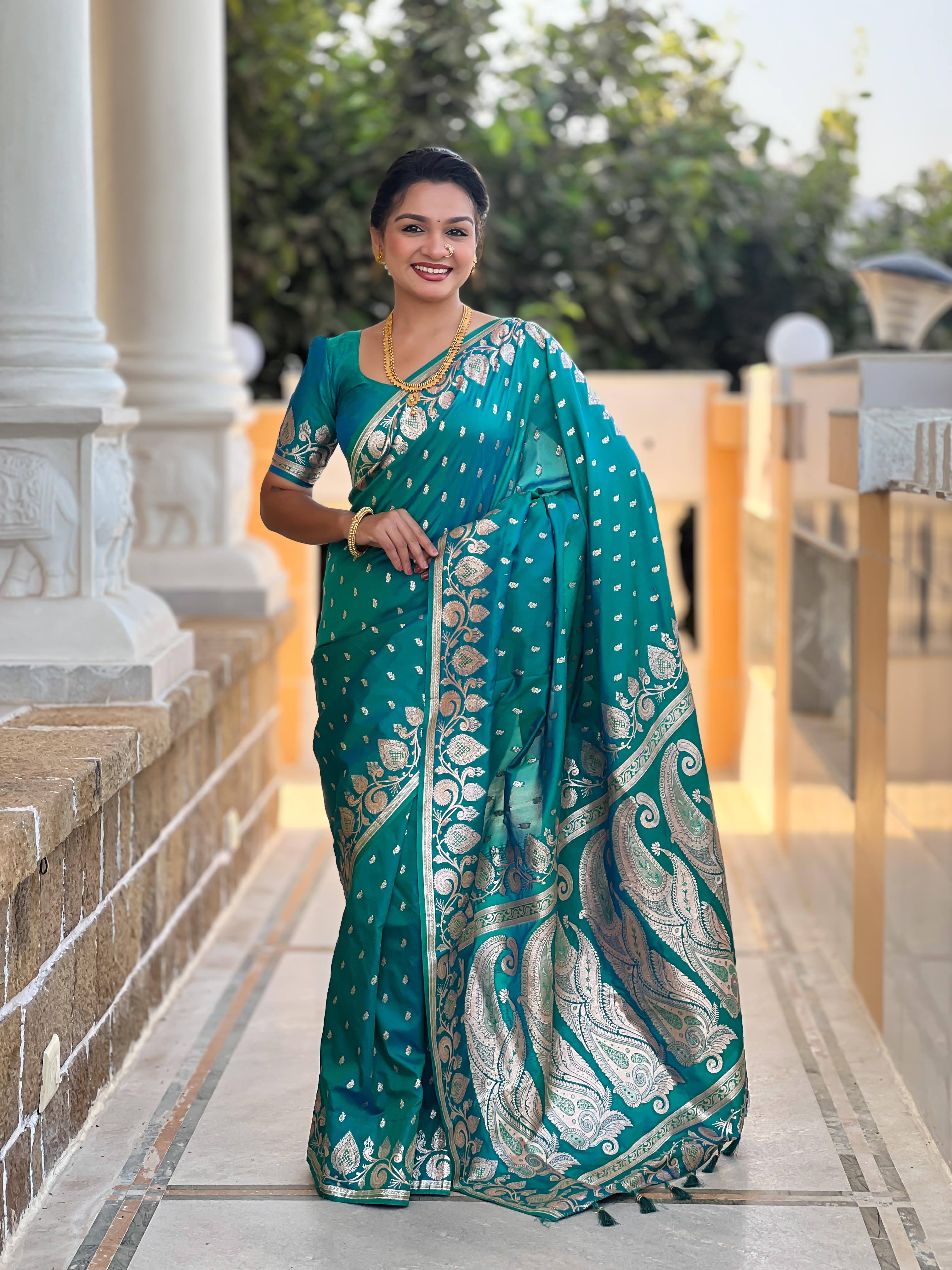 Rama Varni Fabrics Women Anjir Geometric Banarasi Silk Tassels and Latkans Saree comes With Matching Blouse