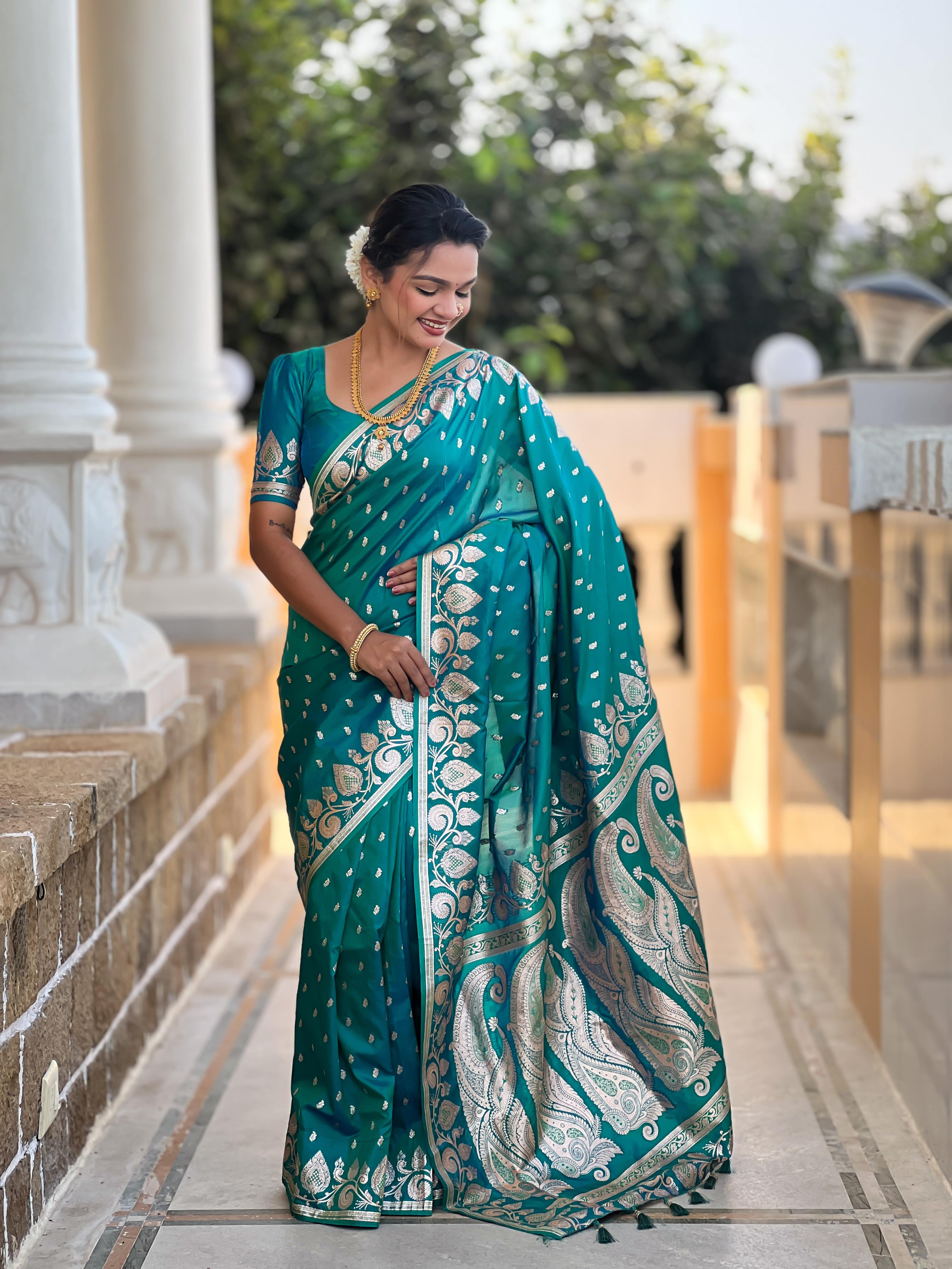 Rama Varni Fabrics Women Anjir Geometric Banarasi Silk Tassels and Latkans Saree comes With Matching Blouse