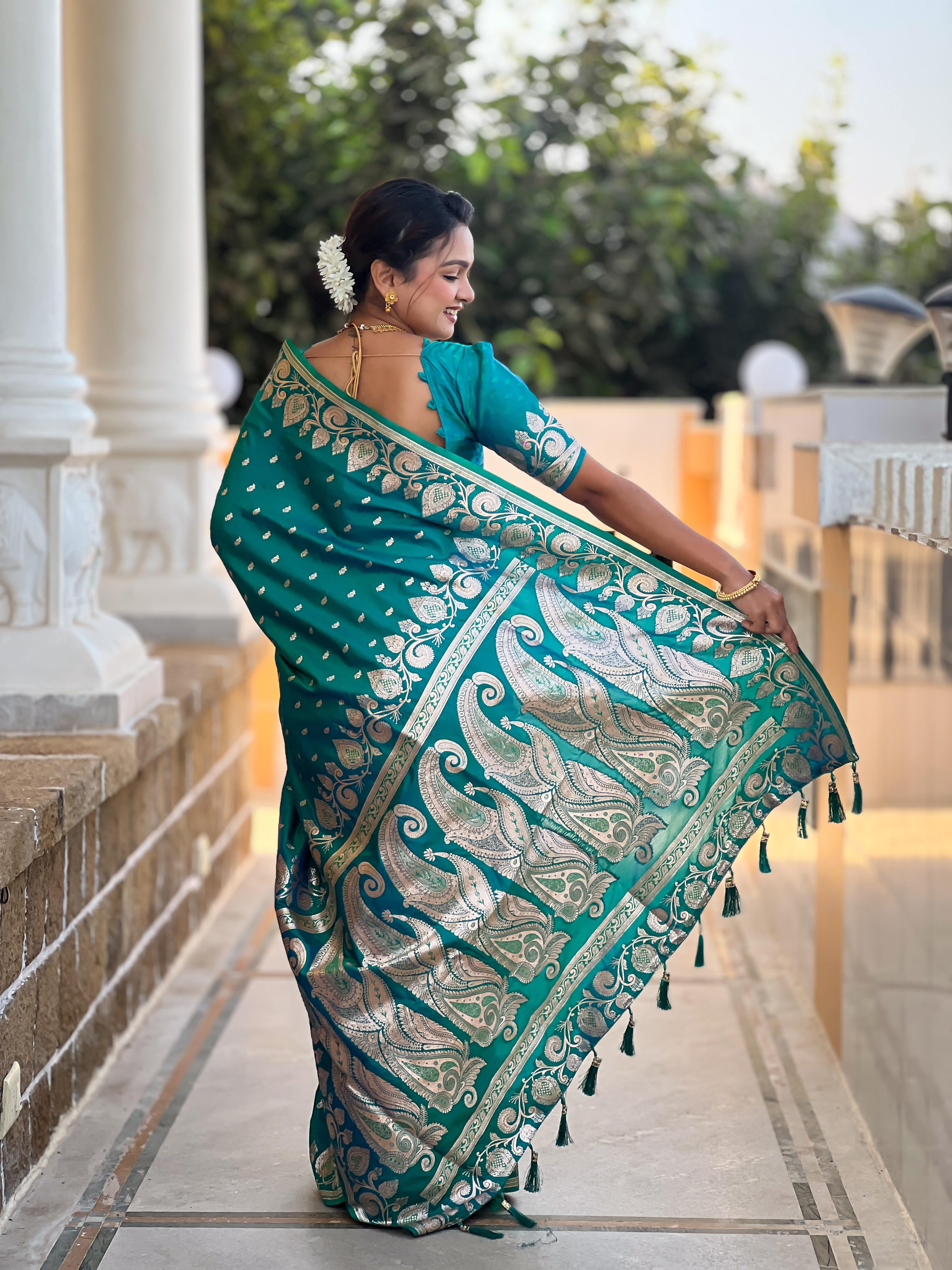 Rama Varni Fabrics Women Anjir Geometric Banarasi Silk Tassels and Latkans Saree comes With Matching Blouse
