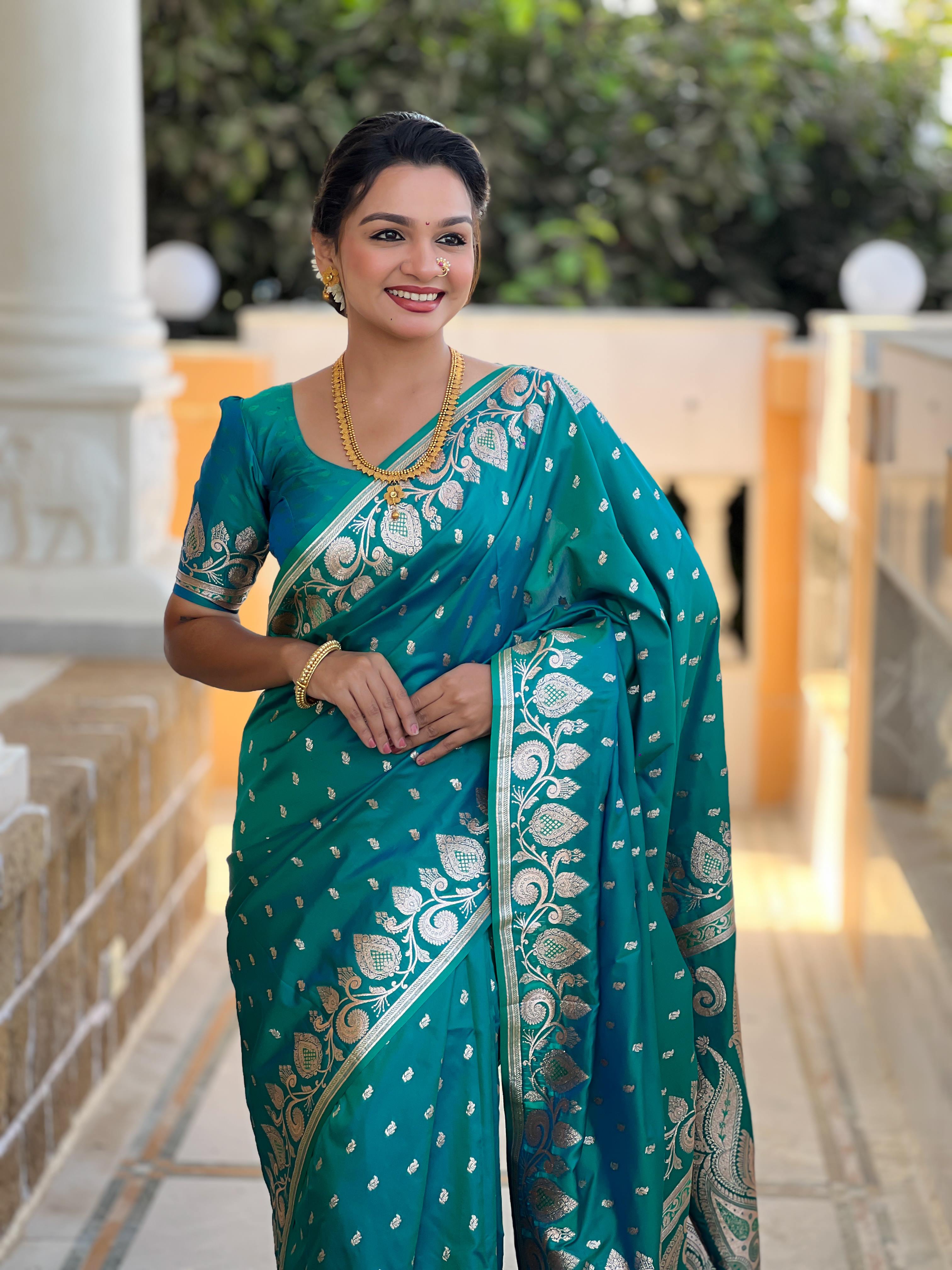 Rama Varni Fabrics Women Anjir Geometric Banarasi Silk Tassels and Latkans Saree comes With Matching Blouse