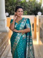 Rama Varni Fabrics Women Anjir Geometric Banarasi Silk Tassels and Latkans Saree comes With Matching Blouse