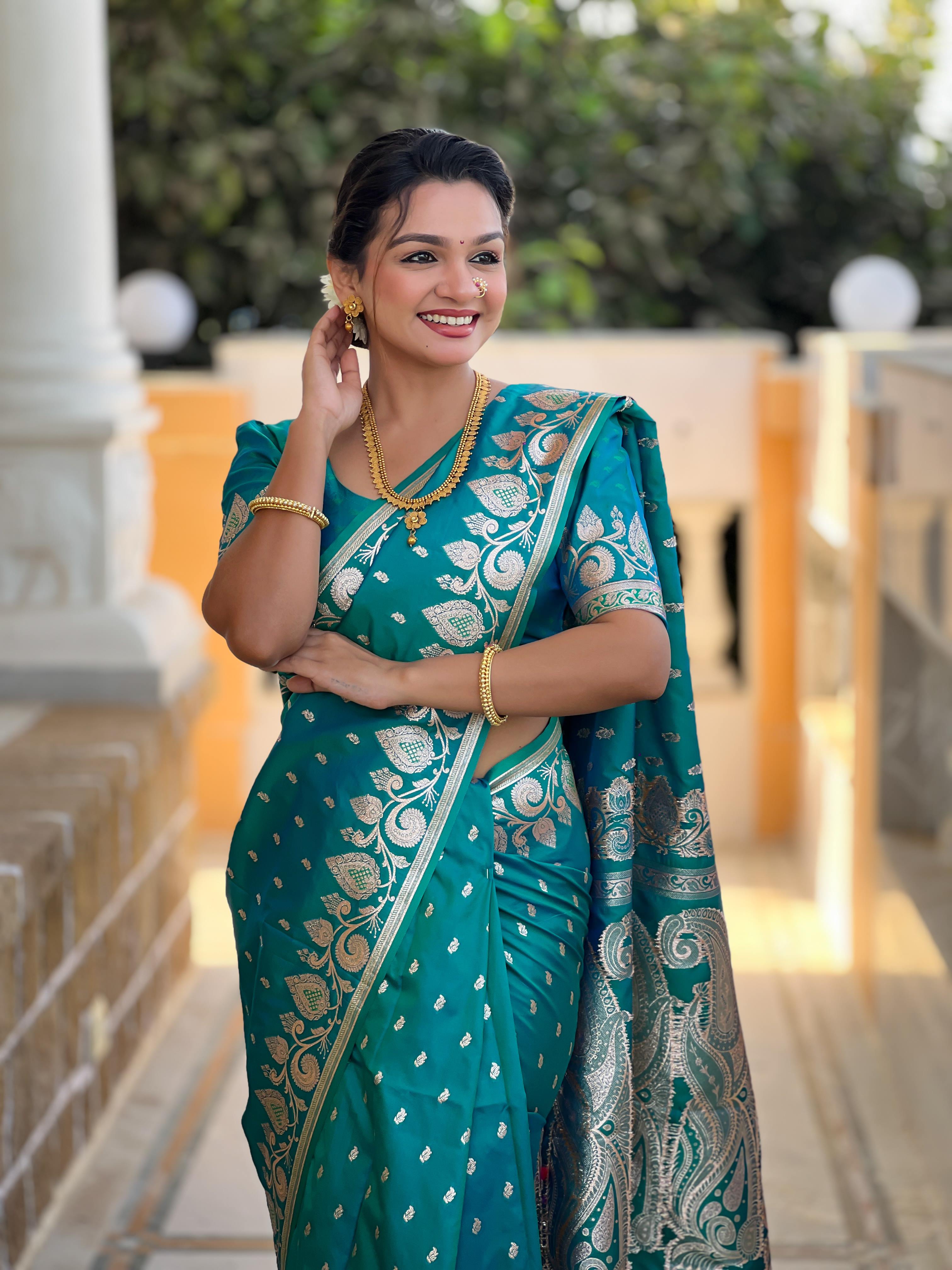 Rama Varni Fabrics Women Anjir Geometric Banarasi Silk Tassels and Latkans Saree comes With Matching Blouse