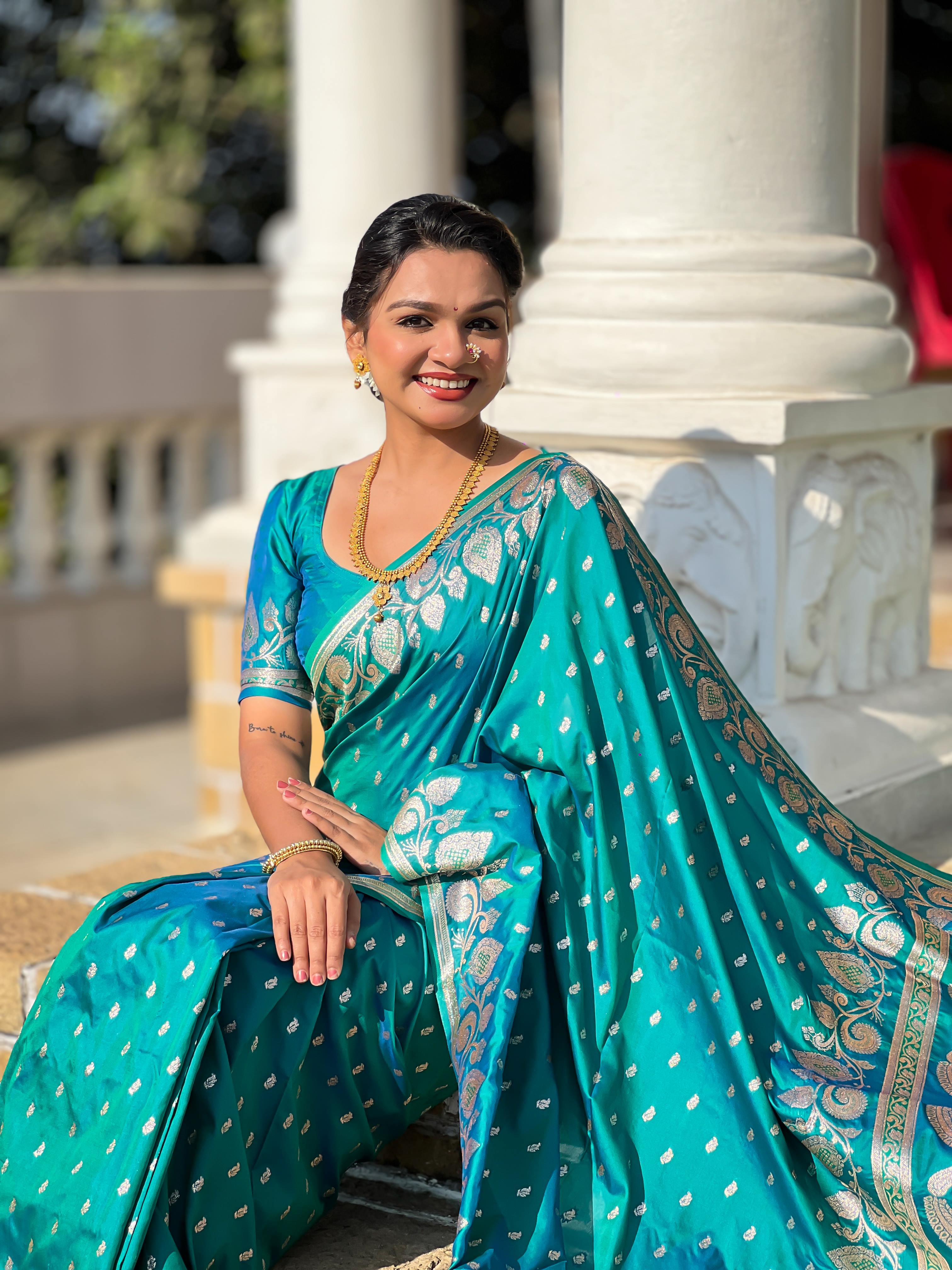 Rama Varni Fabrics Women Anjir Geometric Banarasi Silk Tassels and Latkans Saree comes With Matching Blouse