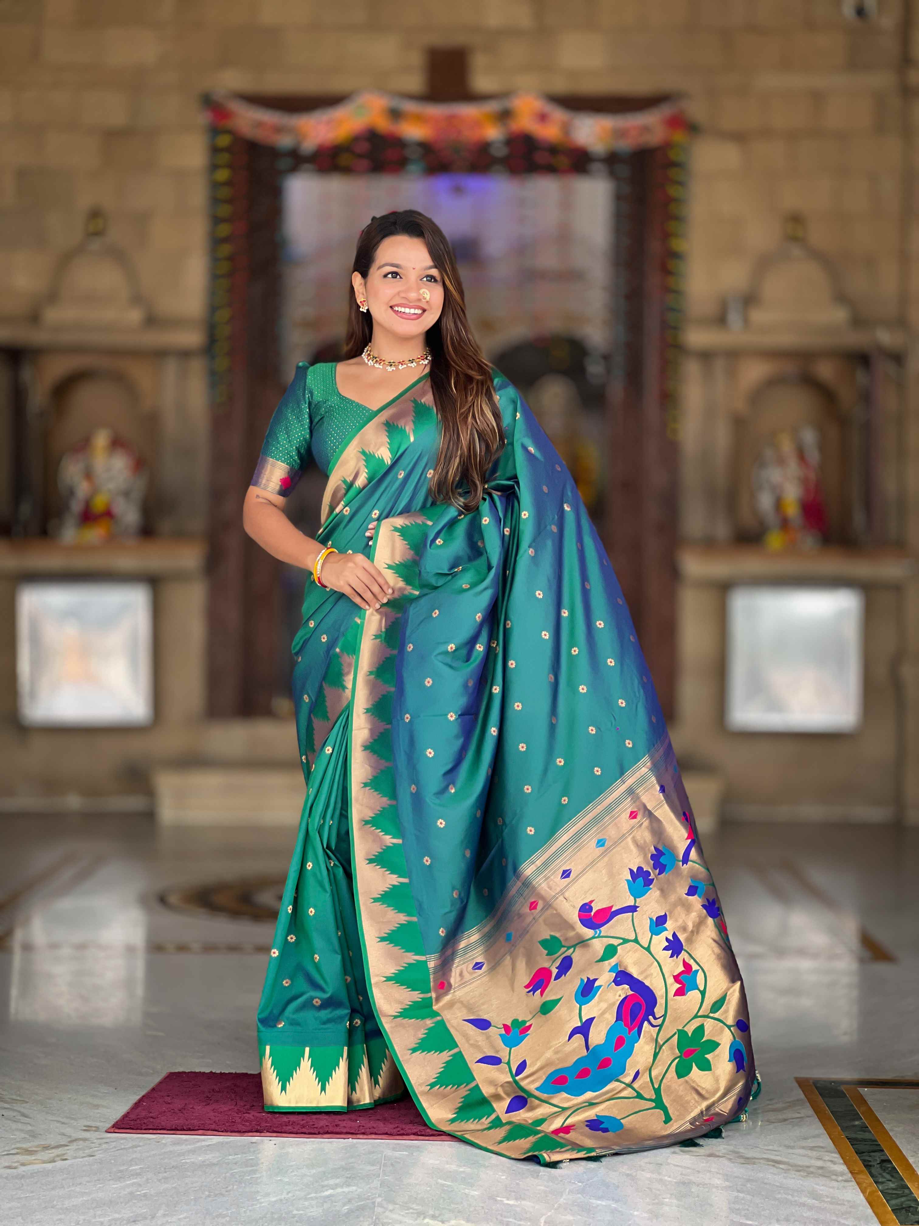 Rama Paithani Silk Saree with Meenakari Rich Pallu & Temple Weaving Border