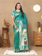 Teal Soft Paithani Silk Saree with Zari Motifs, Meenakari Pallu & Contrast Blouse