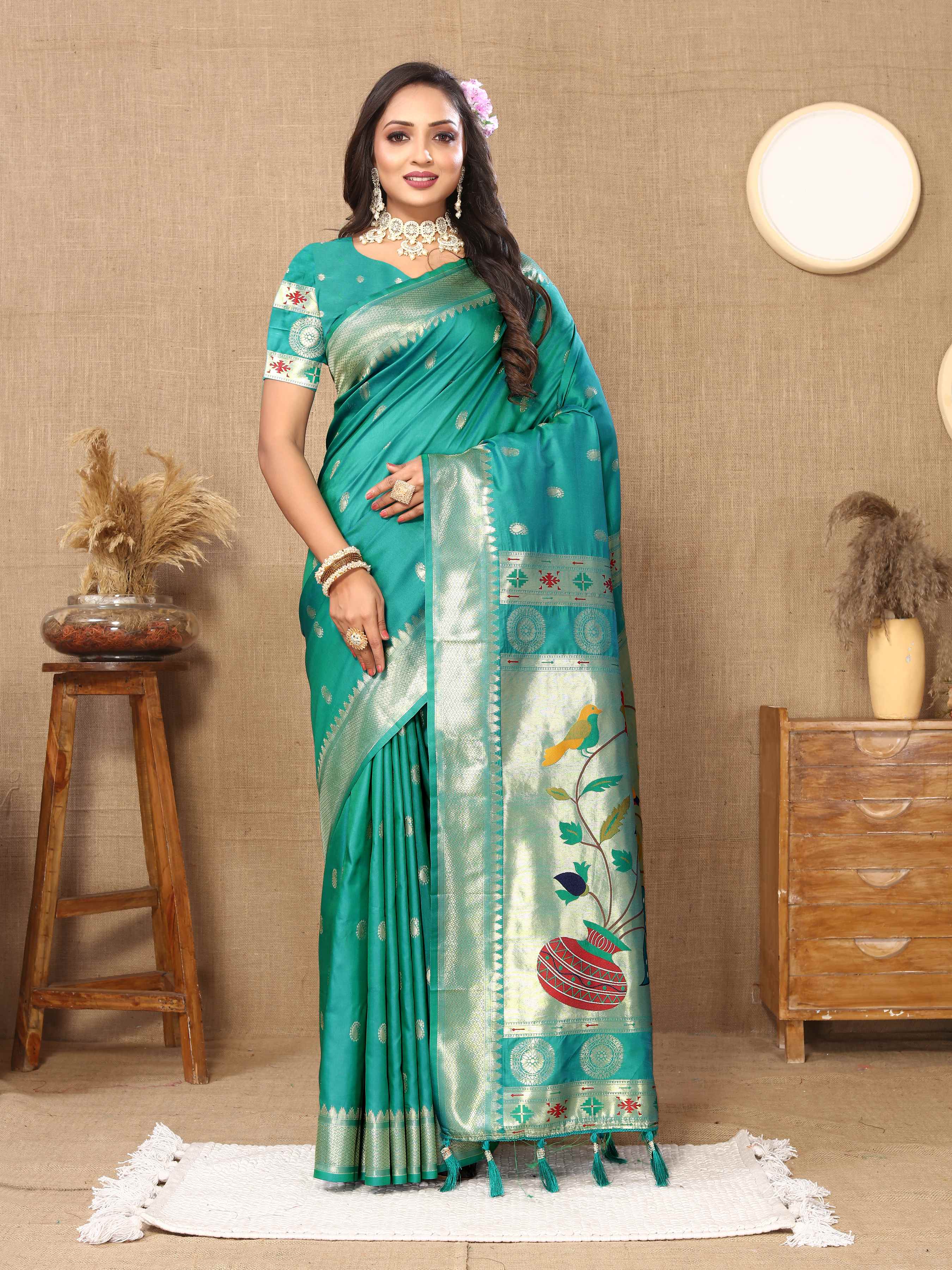 Teal Soft Paithani Silk Saree with Zari Motifs, Meenakari Pallu & Contrast Blouse