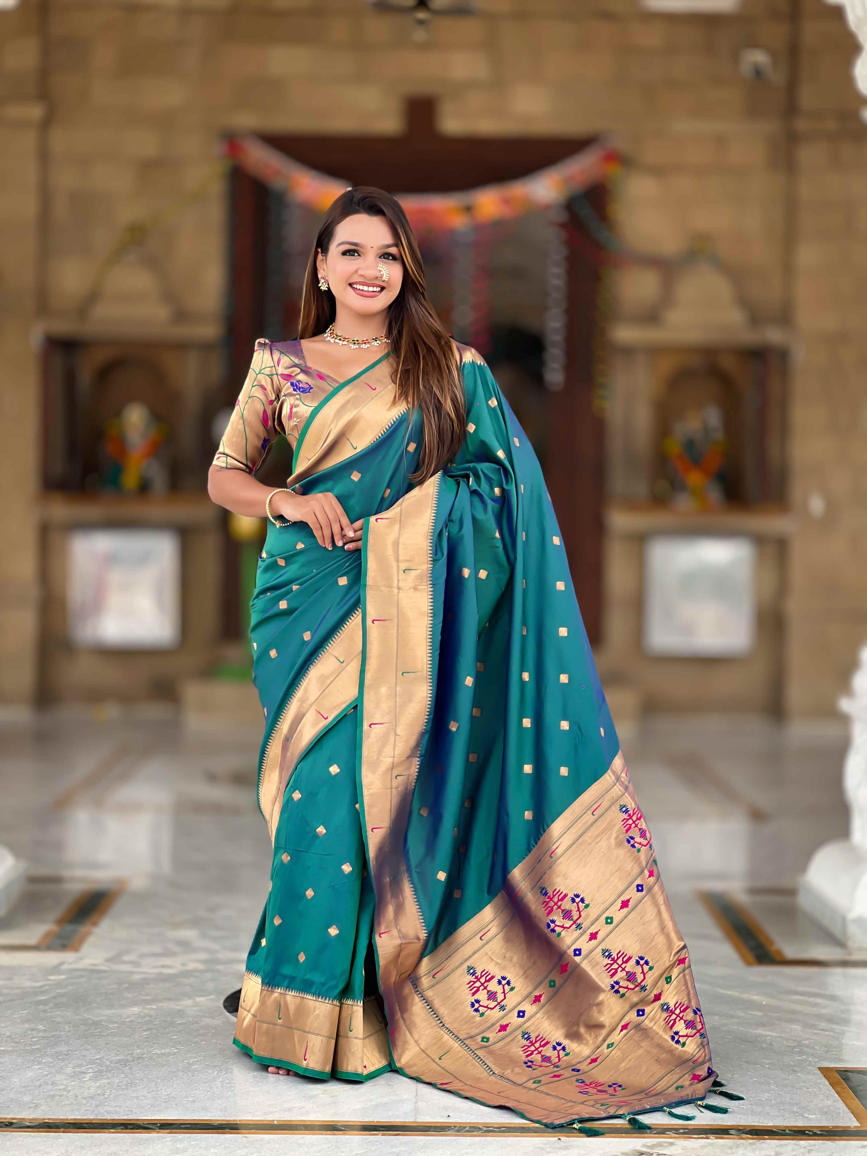 Rama Paithani Silk Saree with Zari Weaving, Meenakari Pallu & Double Munia Border