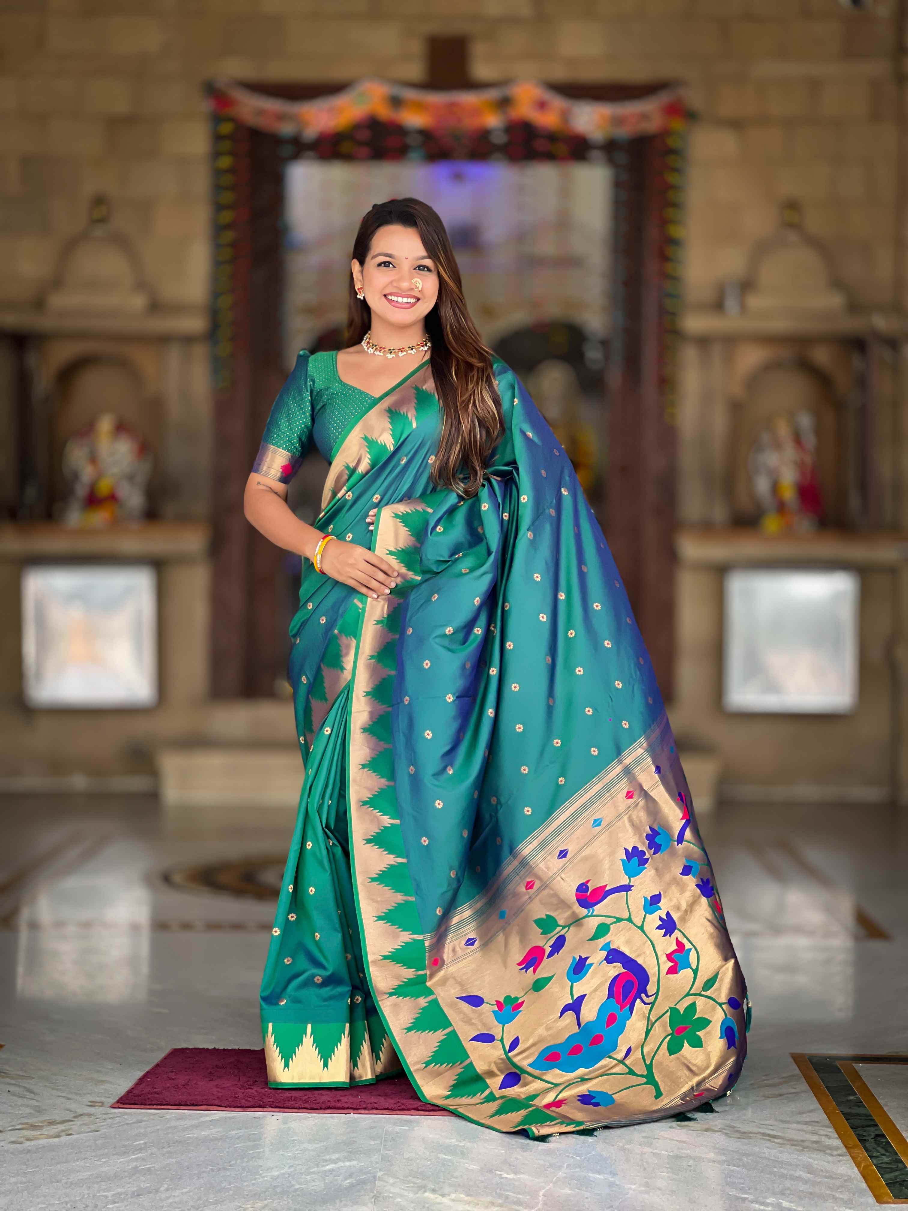Rama Paithani Silk Saree with Meenakari Rich Pallu & Temple Weaving Border