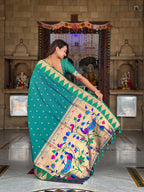 Rama Paithani Silk Saree with Meenakari Rich Pallu & Temple Weaving Border