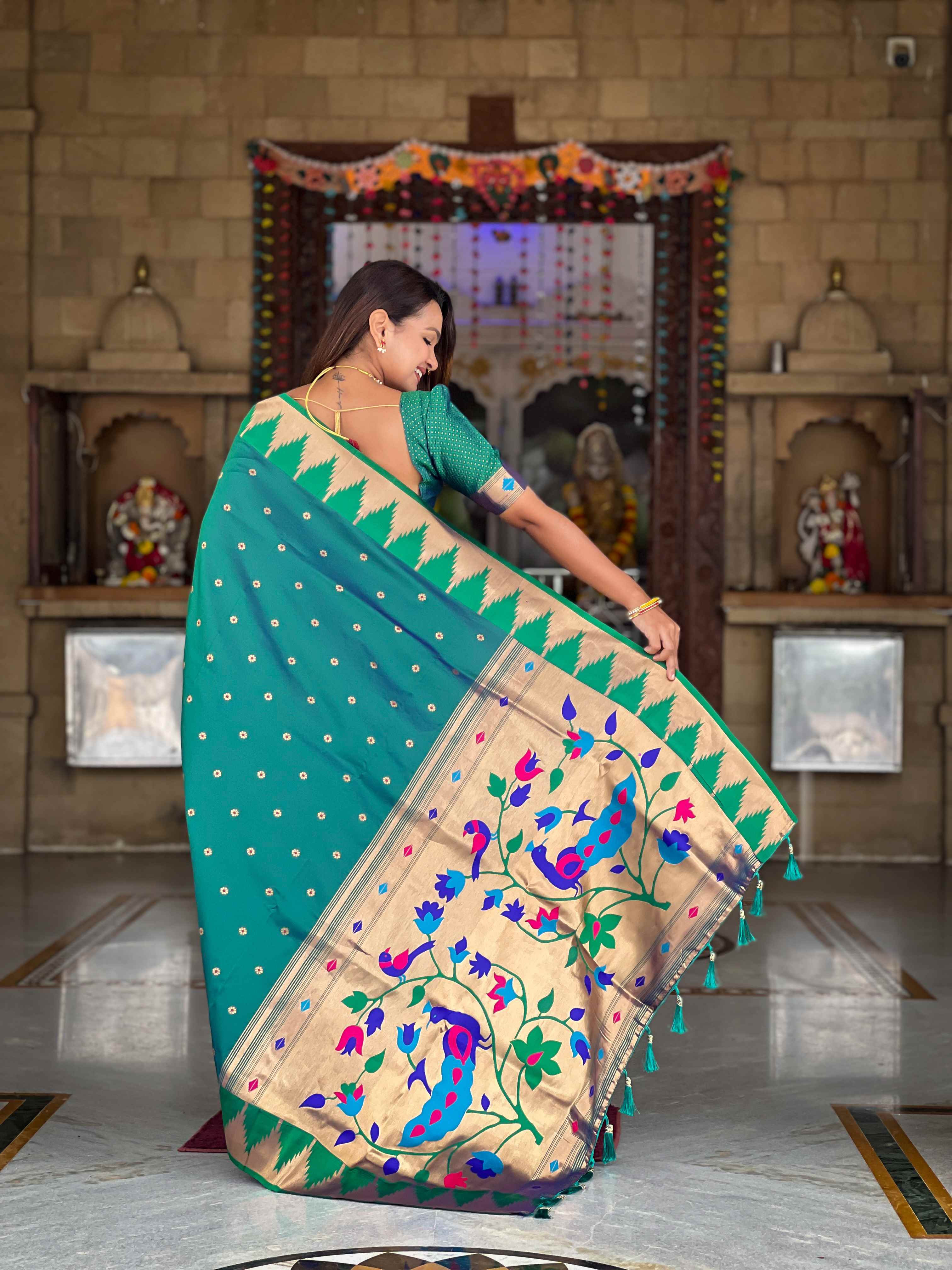 Rama Paithani Silk Saree with Meenakari Rich Pallu & Temple Weaving Border