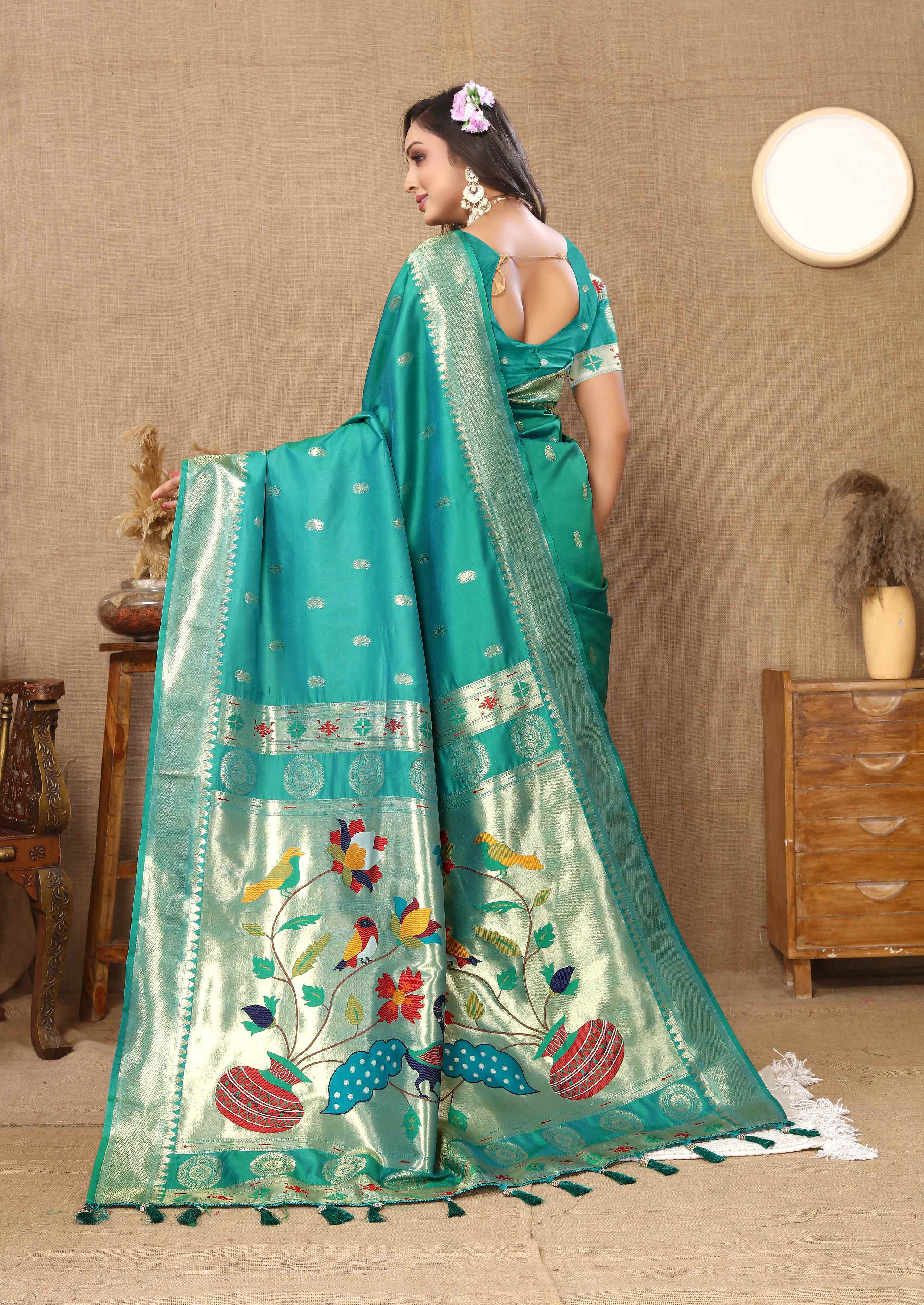 Teal Soft Paithani Silk Saree with Zari Motifs, Meenakari Pallu & Contrast Blouse