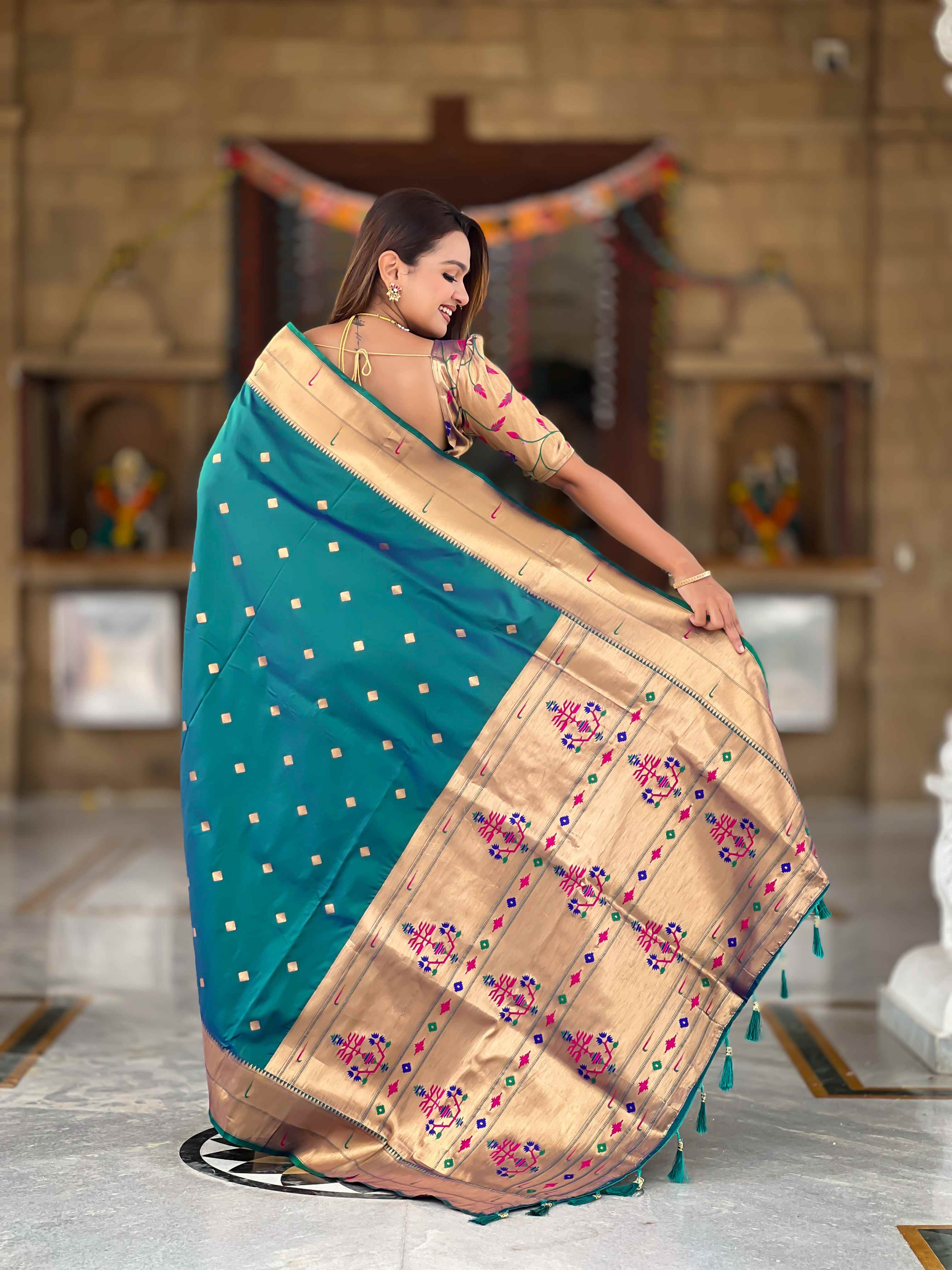 Rama Paithani Silk Saree with Zari Weaving, Meenakari Pallu & Double Munia Border