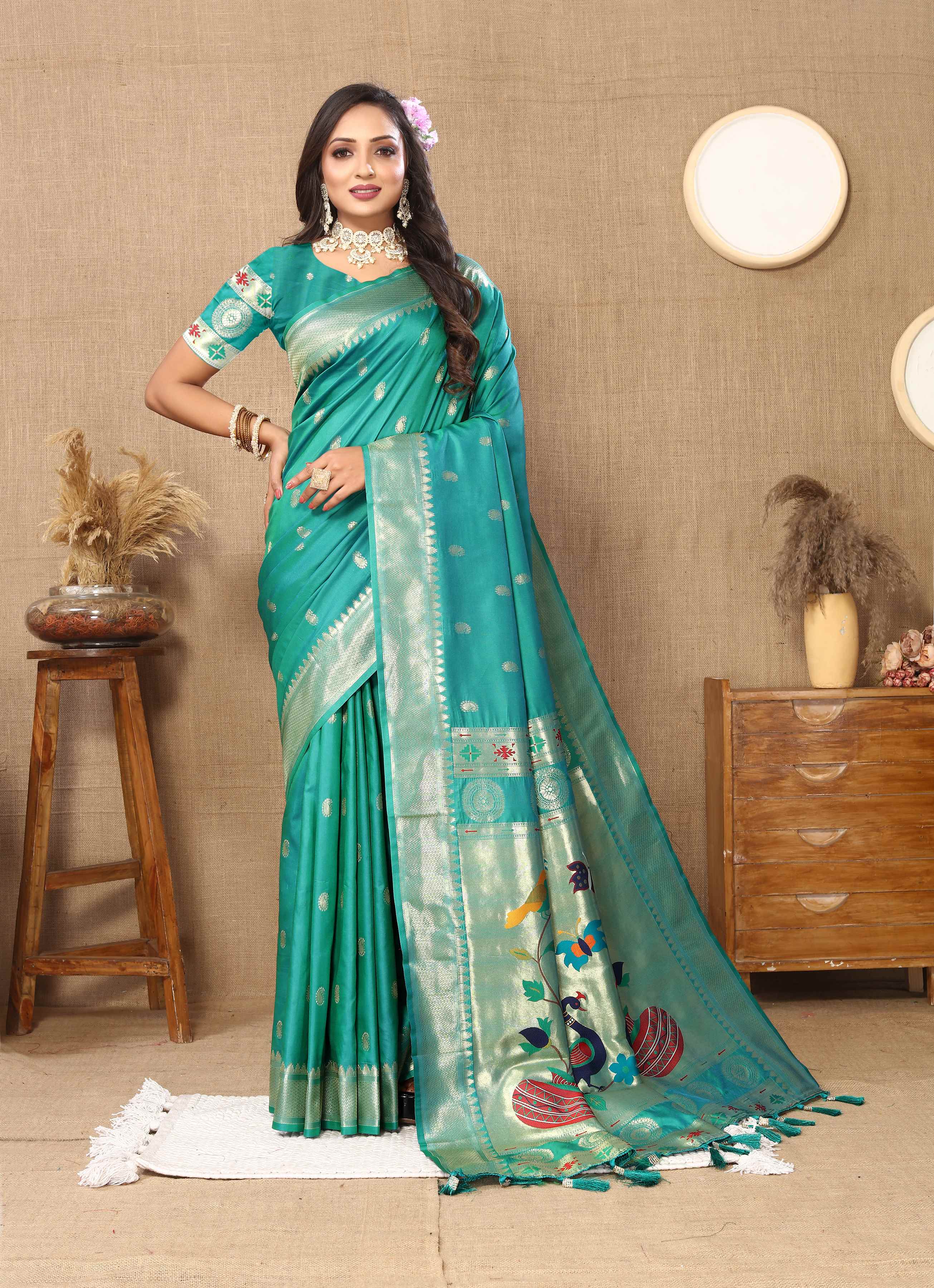 Teal Soft Paithani Silk Saree with Zari Motifs, Meenakari Pallu & Contrast Blouse